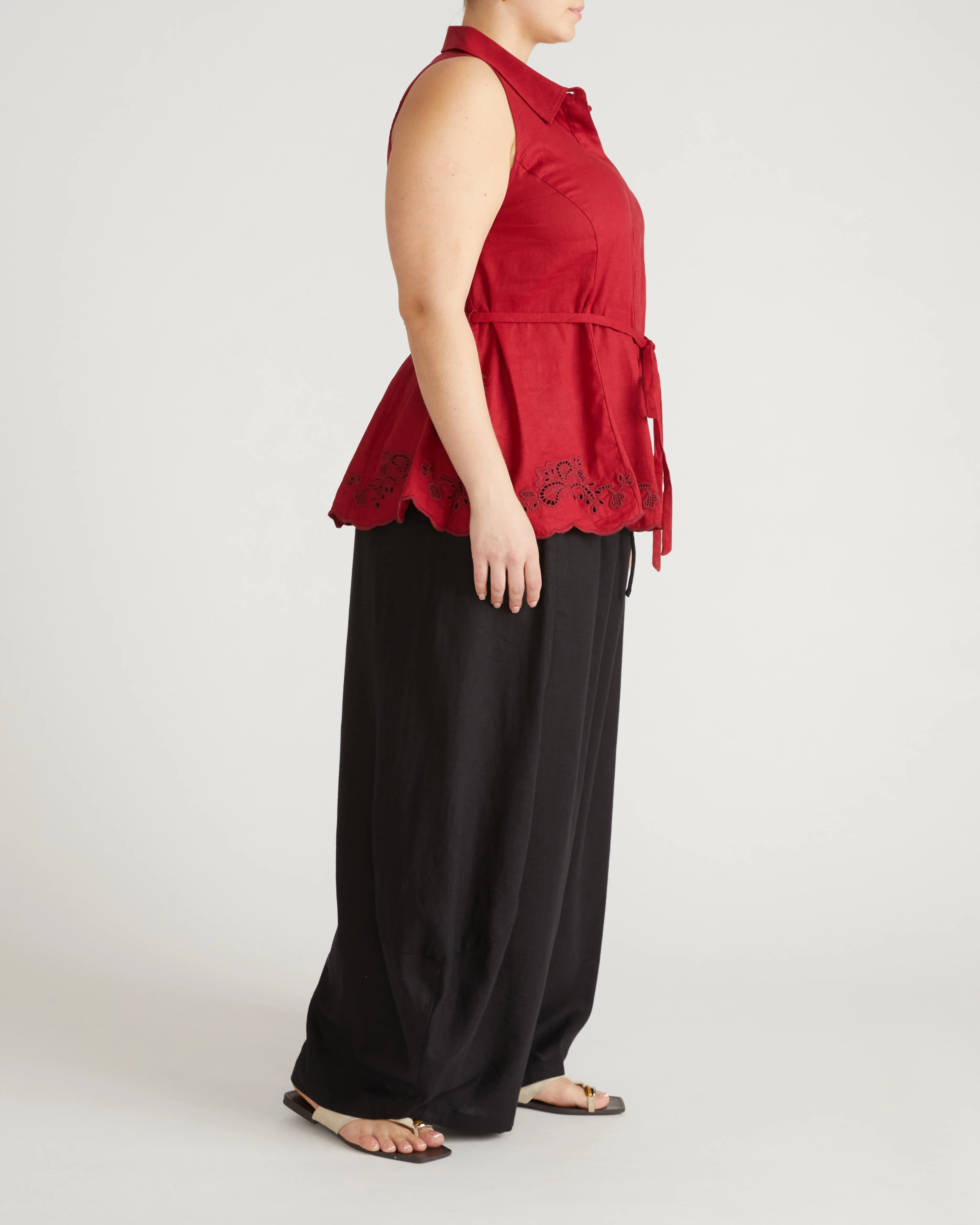 Adelaide Embroidered Sleeveless Linen Shirt - Vibrant Red - Image 5