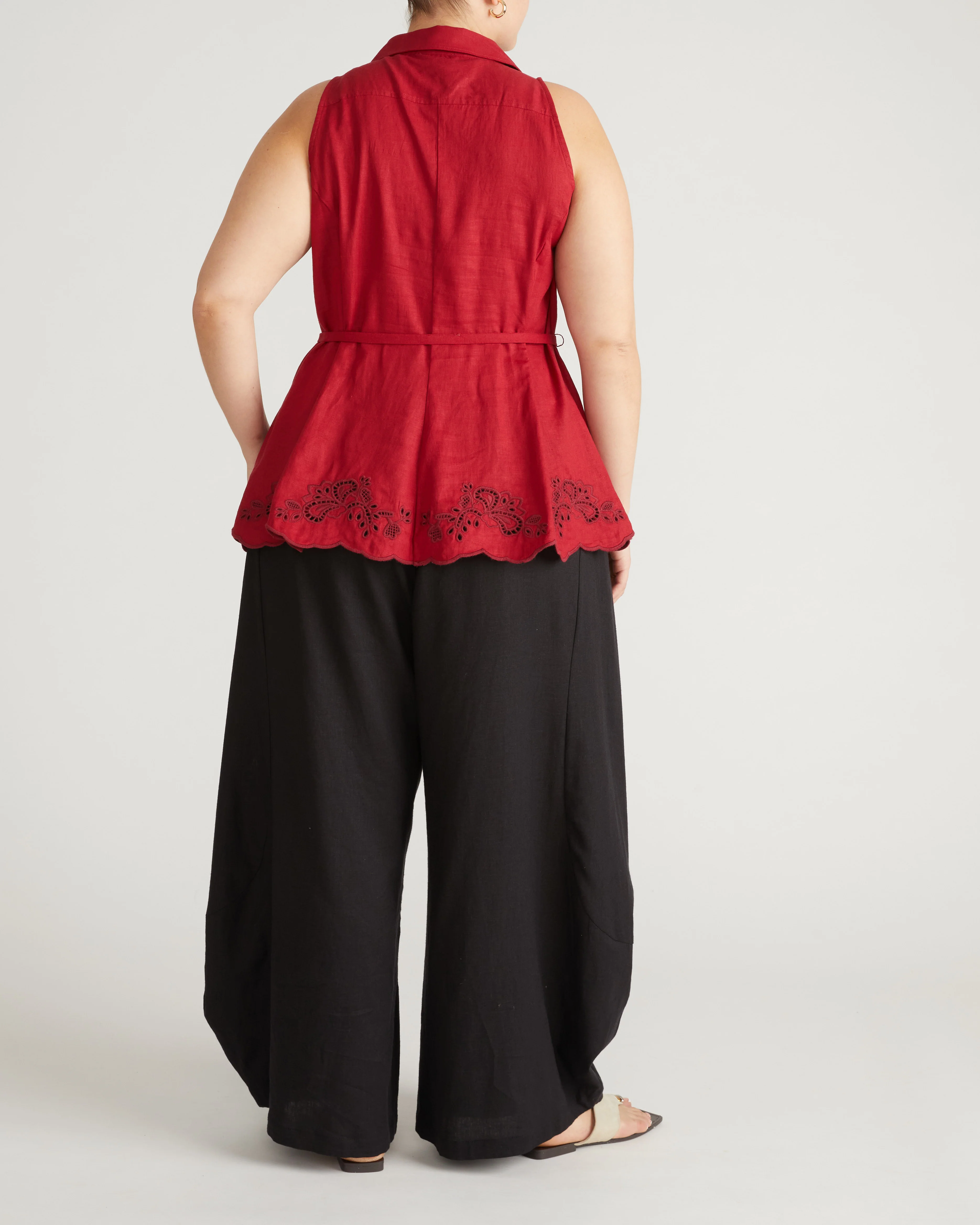 Adelaide Embroidered Sleeveless Linen Shirt - Vibrant Red - Image 6