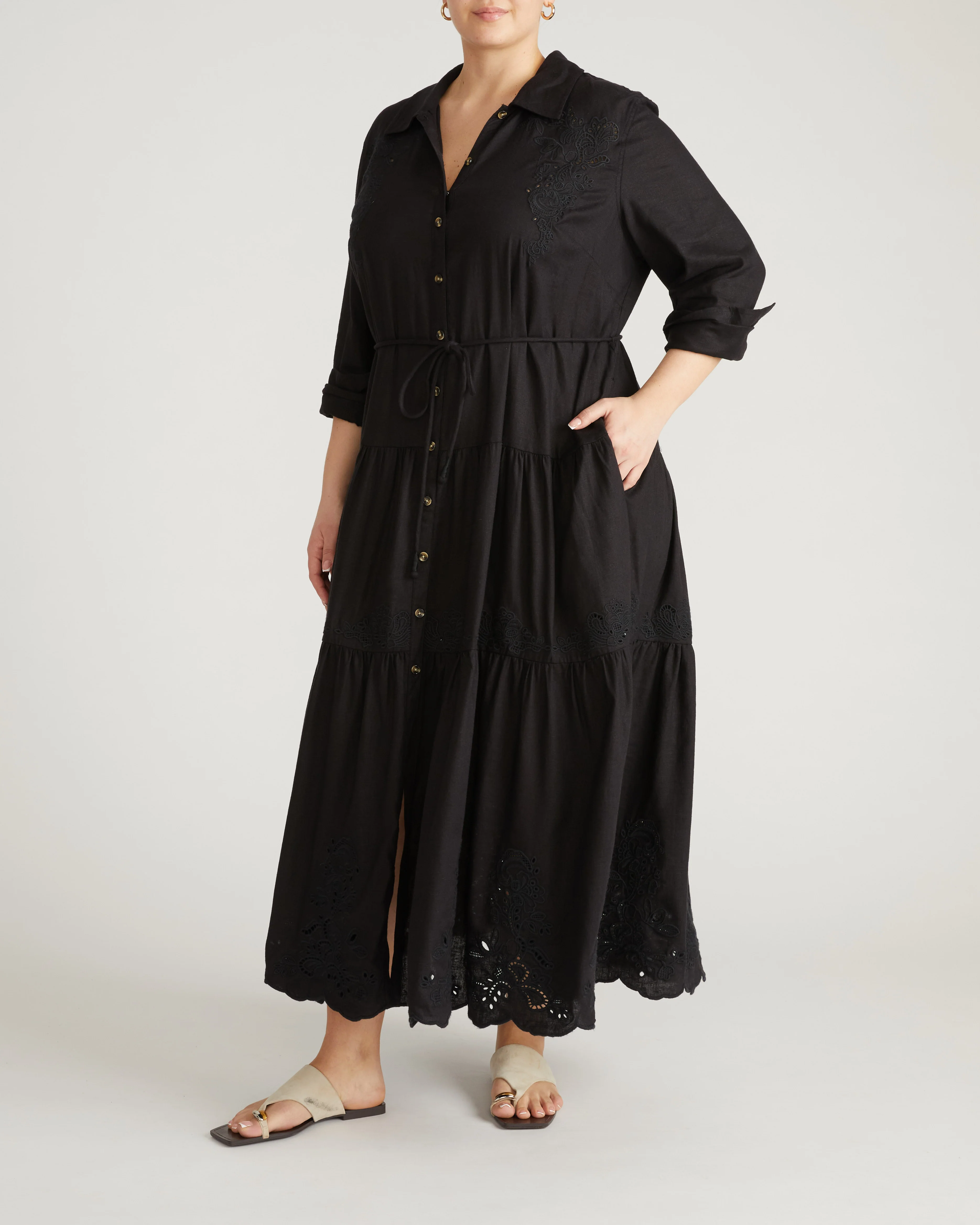 Alix Embroidered Linen Shirtdress - Black - Image 6