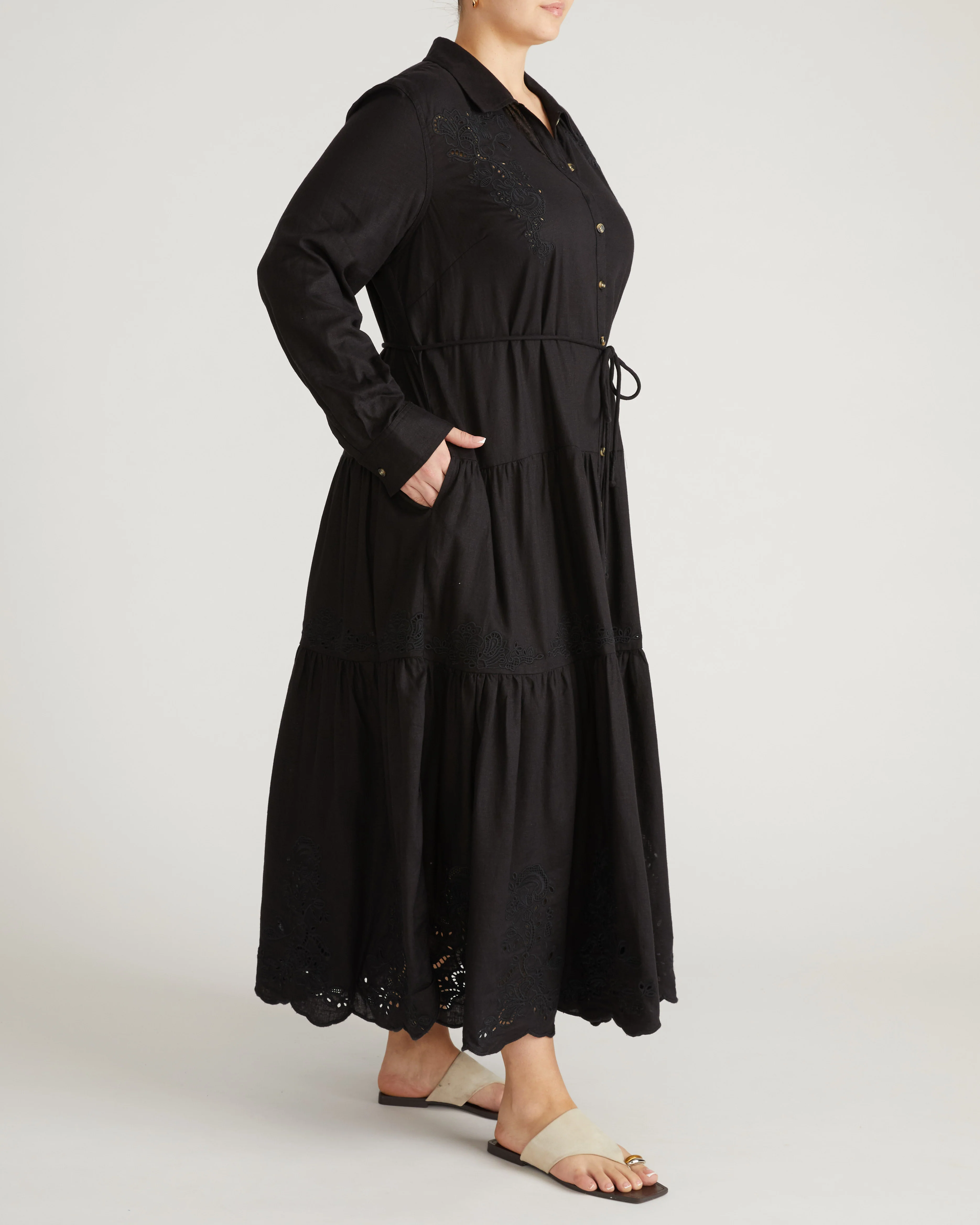 Alix Embroidered Linen Shirtdress - Black - Image 7