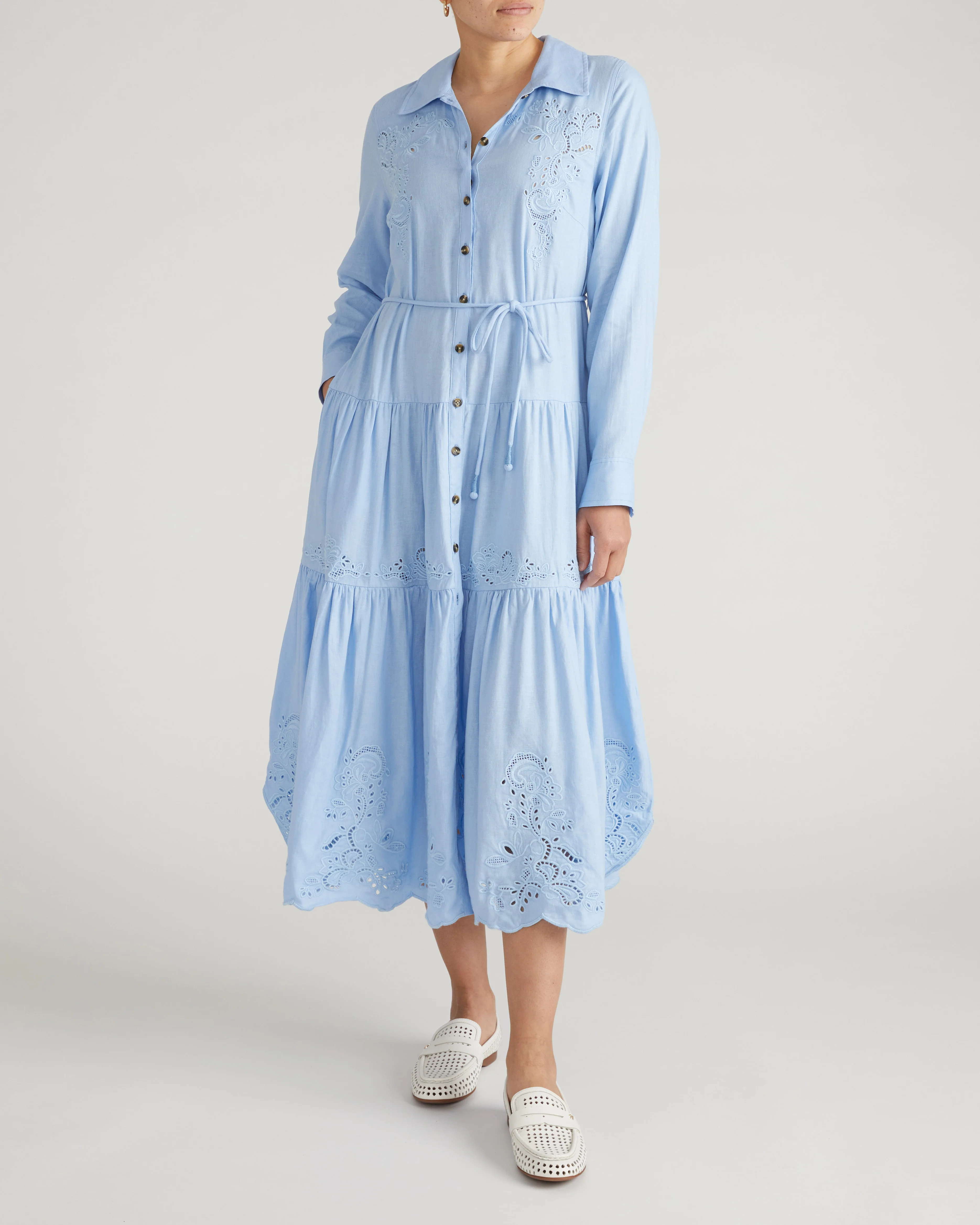 Alix Embroidered Linen Shirtdress - Cielo Blue - Image 3