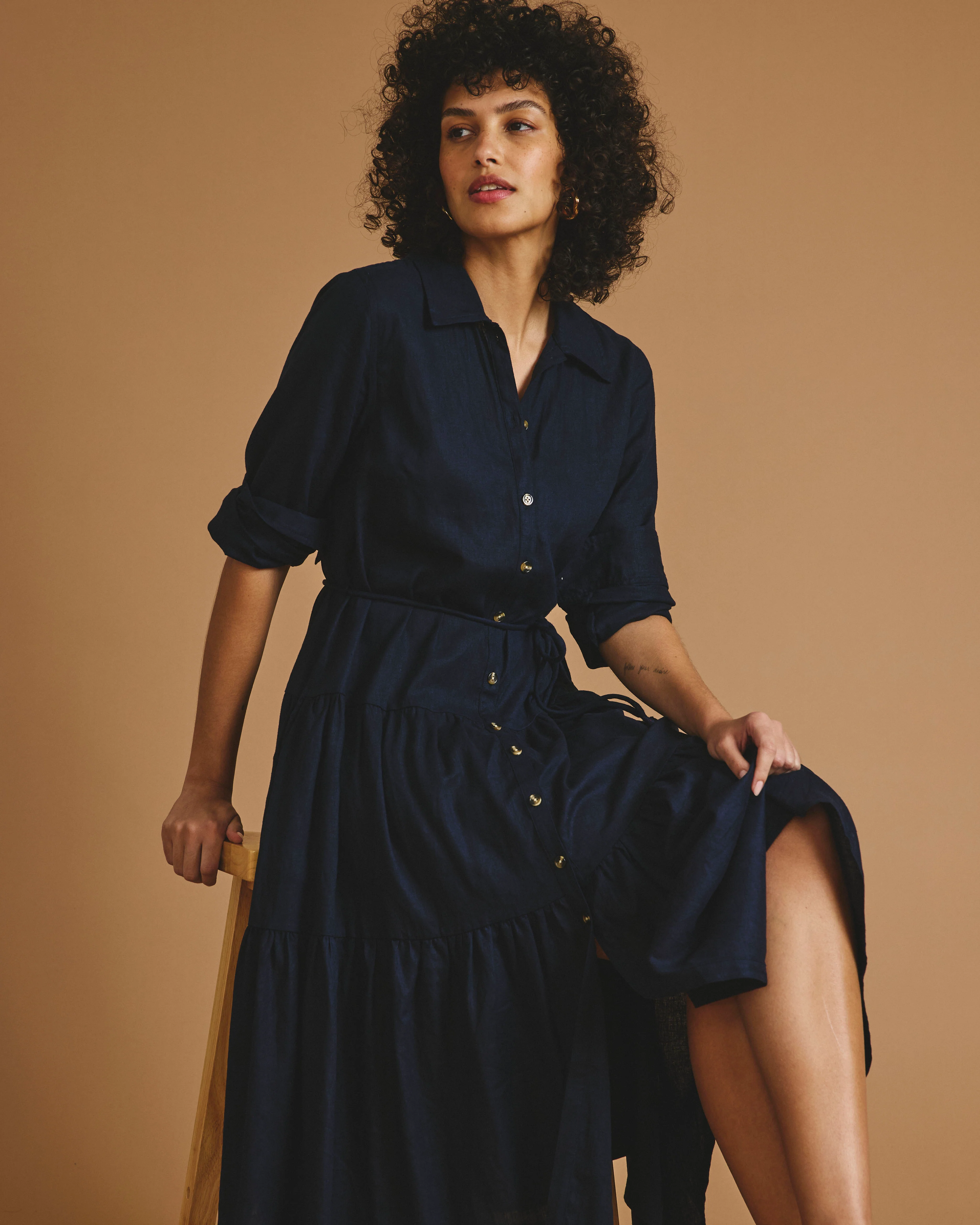Alix Linen Shirtdress - Navy - Image 3