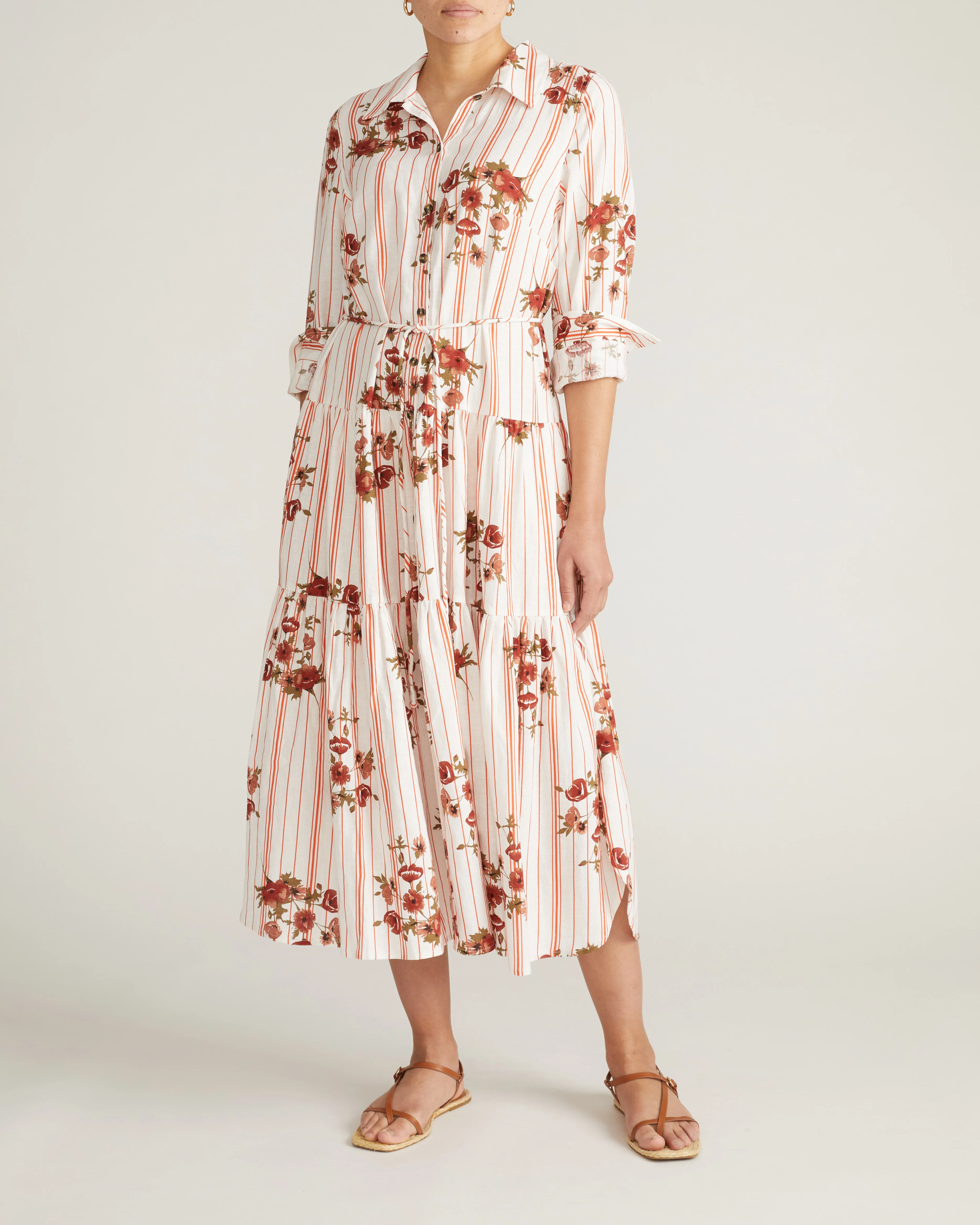 Alix Linen Shirtdress - Wild Flower Bouquet Print on Stripes - Image 4