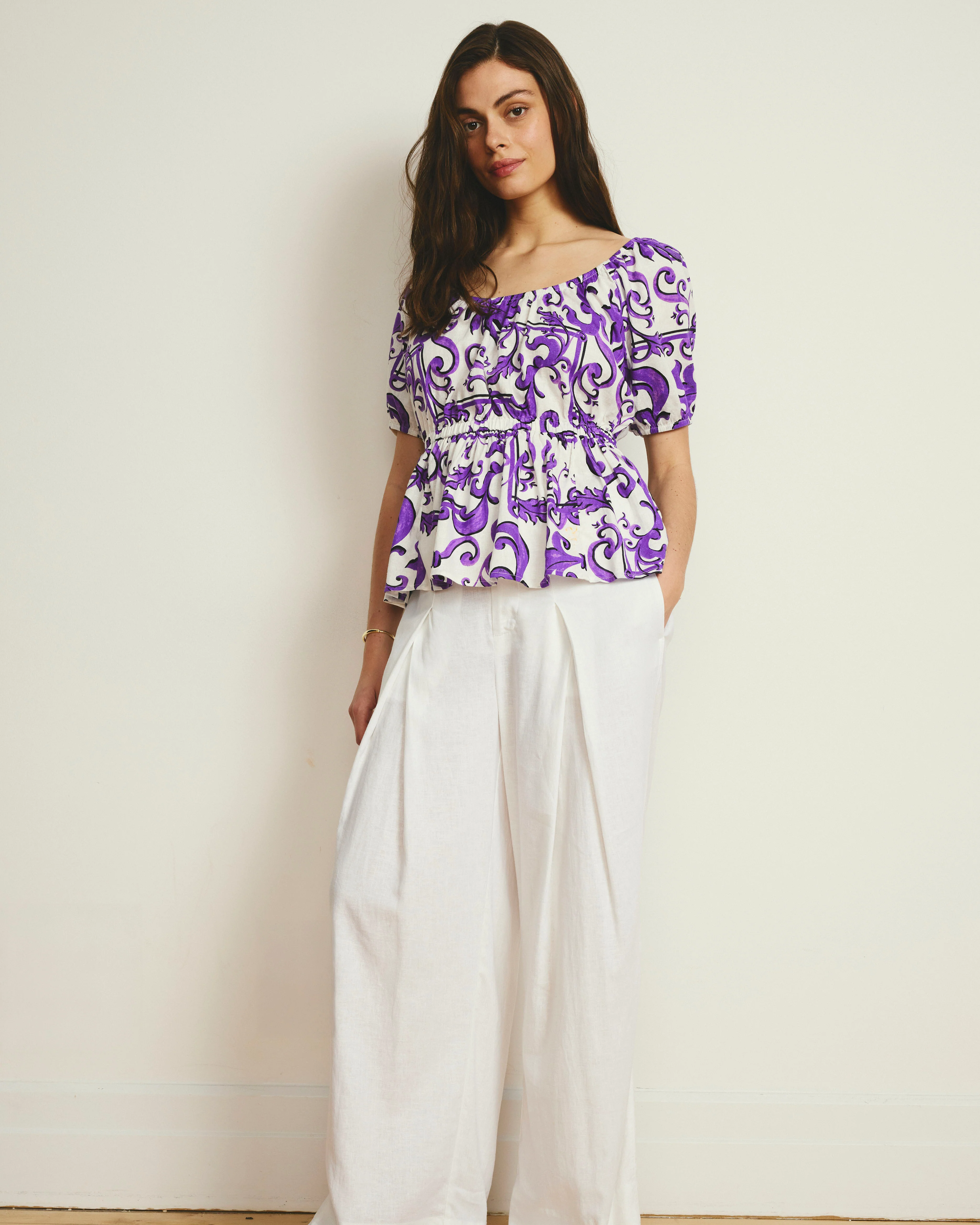 Andrea Peplum Linen Top - Purple Majolica Print - Image 3