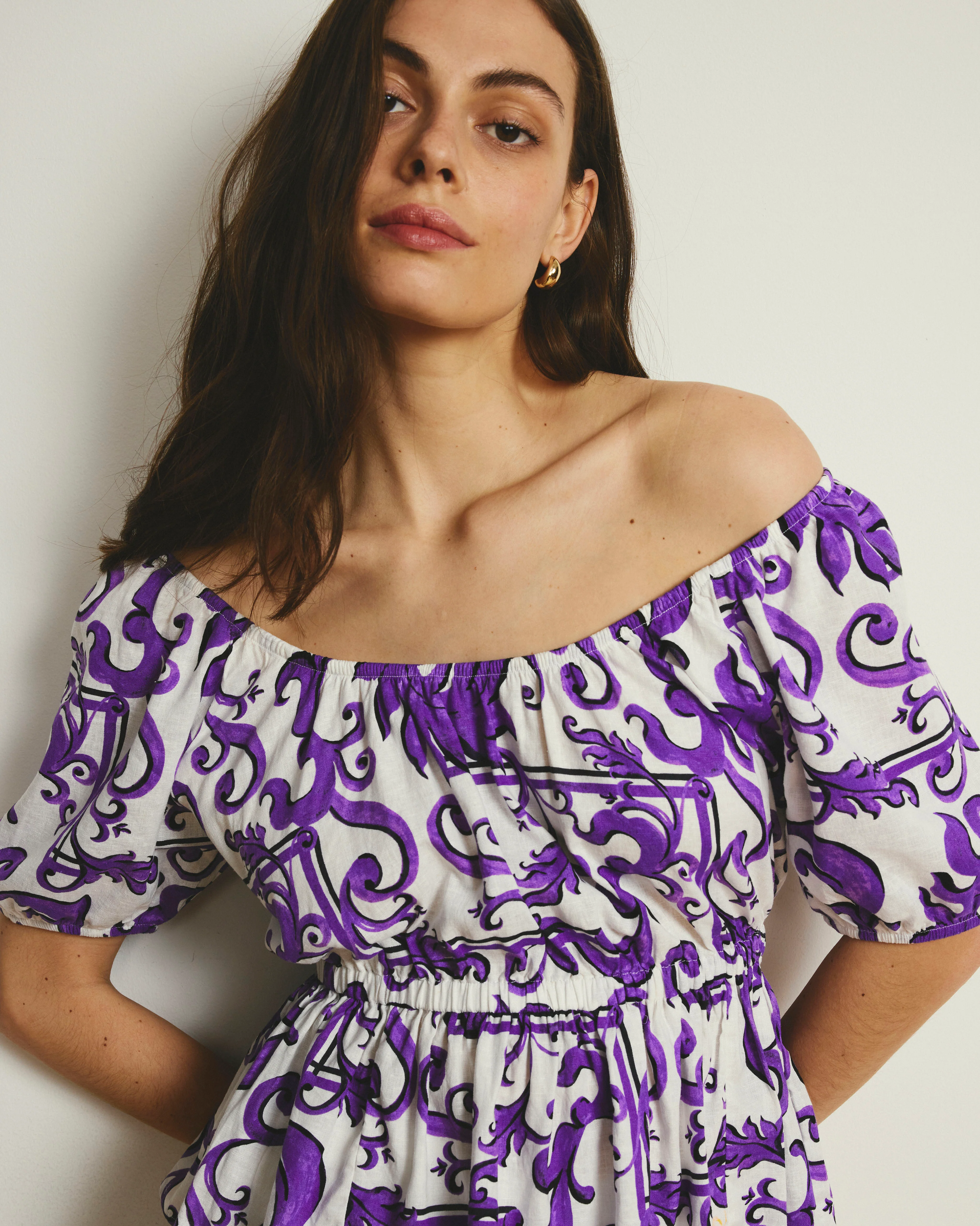 Andrea Peplum Linen Top - Purple Majolica Print - Image 4
