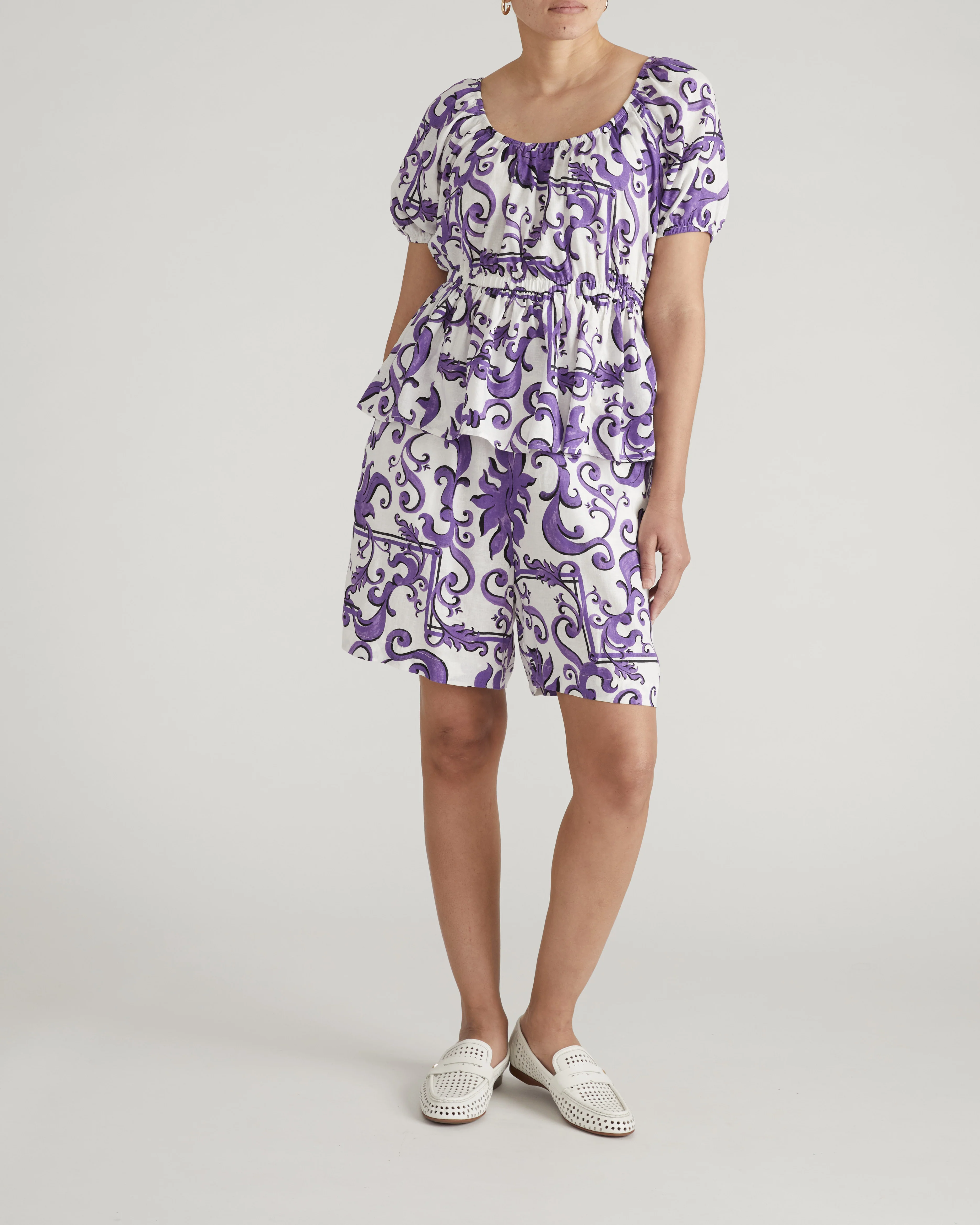 Andrea Peplum Linen Top - Purple Majolica Print - Image 5