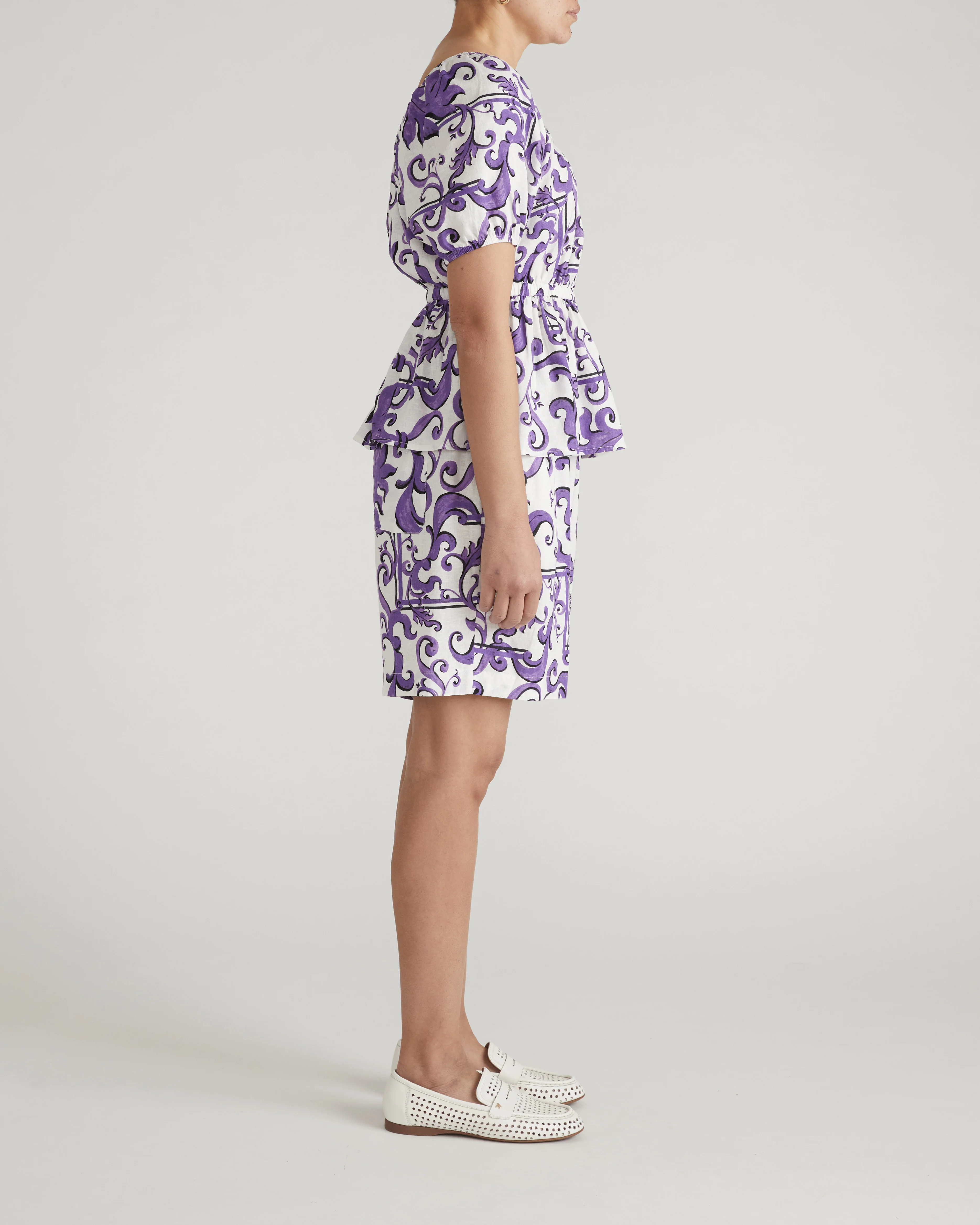 Andrea Peplum Linen Top - Purple Majolica Print - Image 6