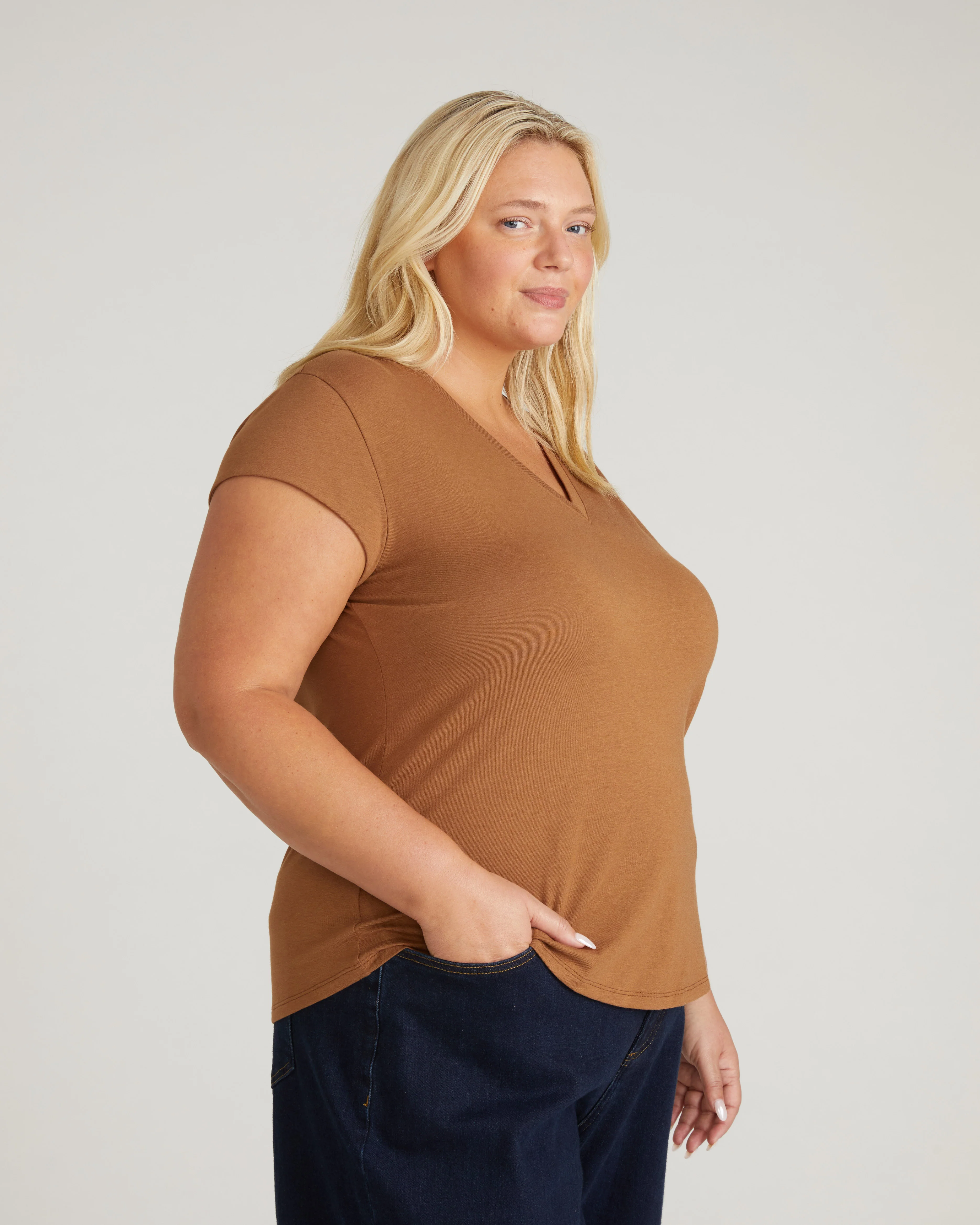 Ashley V Neck Cap Sleeve Tee - Classic Camel - Image 2