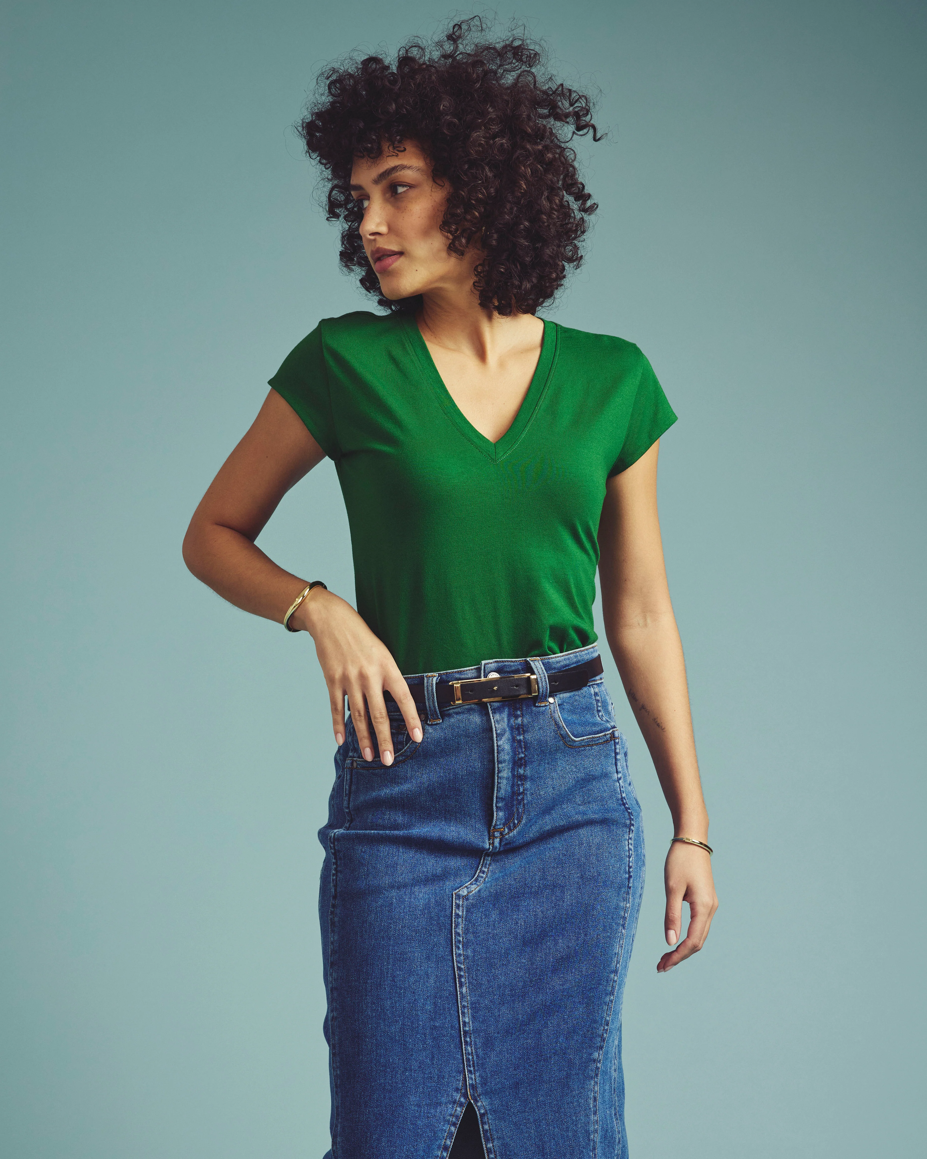 Ashley V Neck Cap Sleeve Tee - Green Park - Image 4