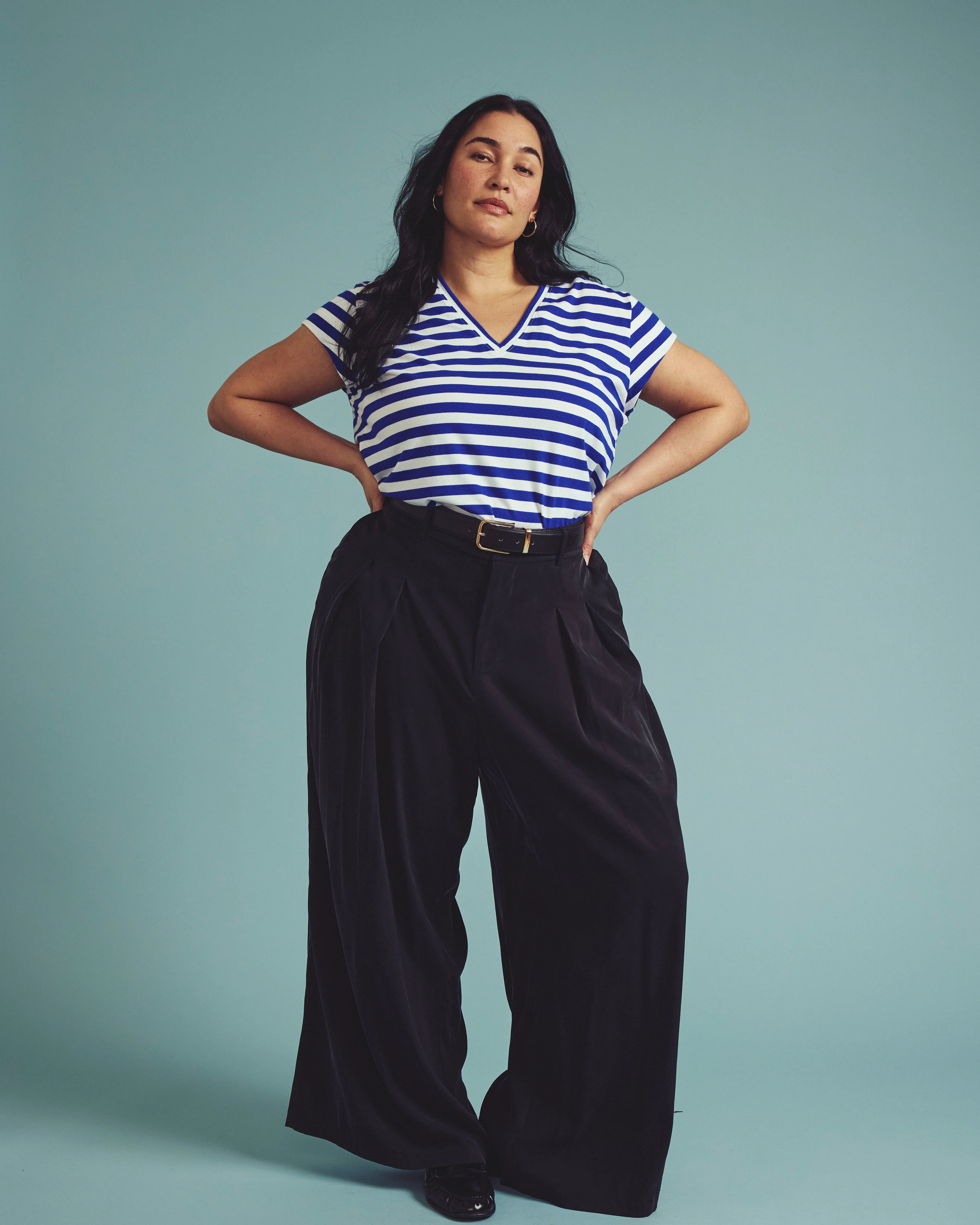 Ashley V Neck Cap Sleeve Tee - Hammersmith Blue/White Stripe - Image 2