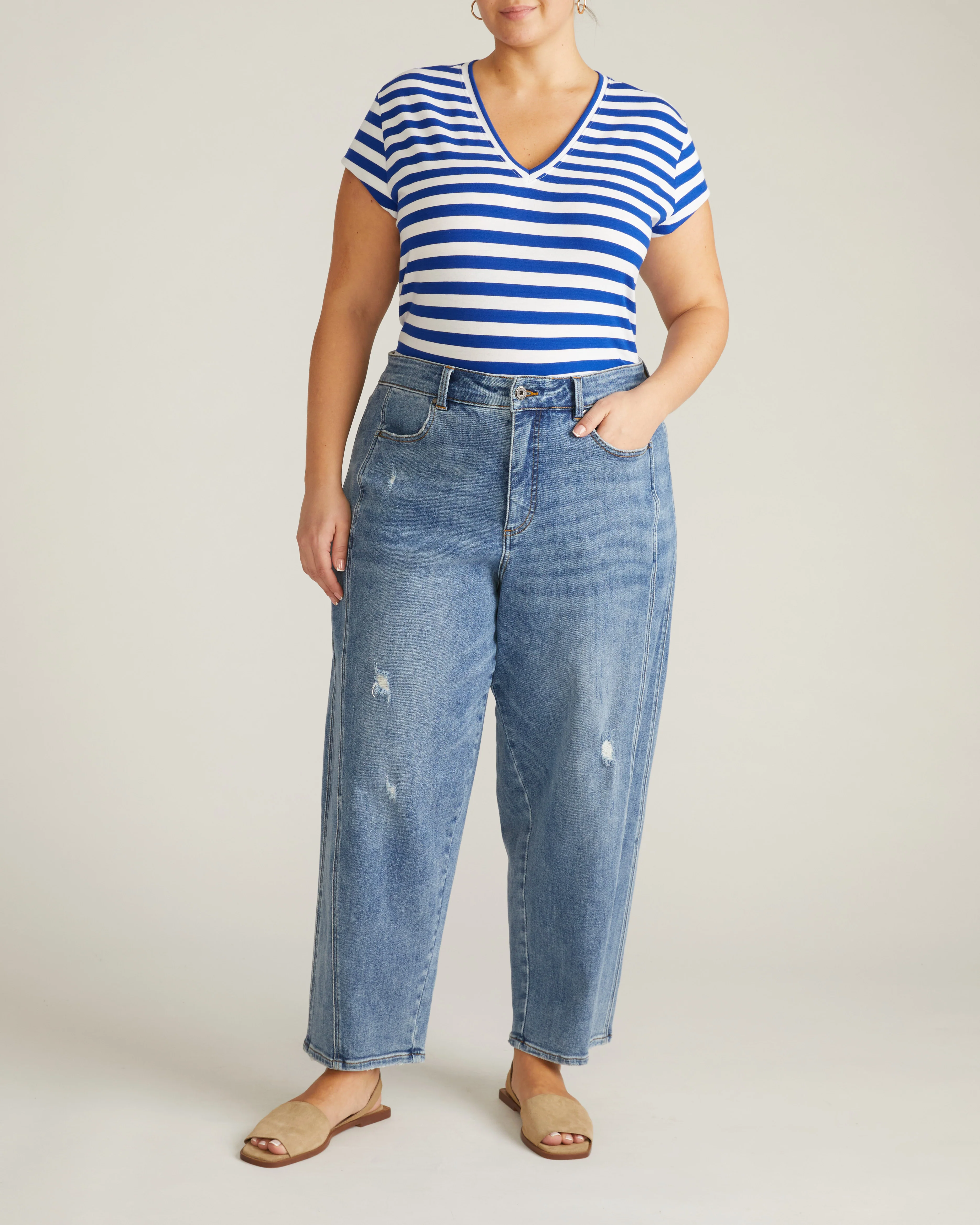 Ashley V Neck Cap Sleeve Tee - Hammersmith Blue/White Stripe - Image 4
