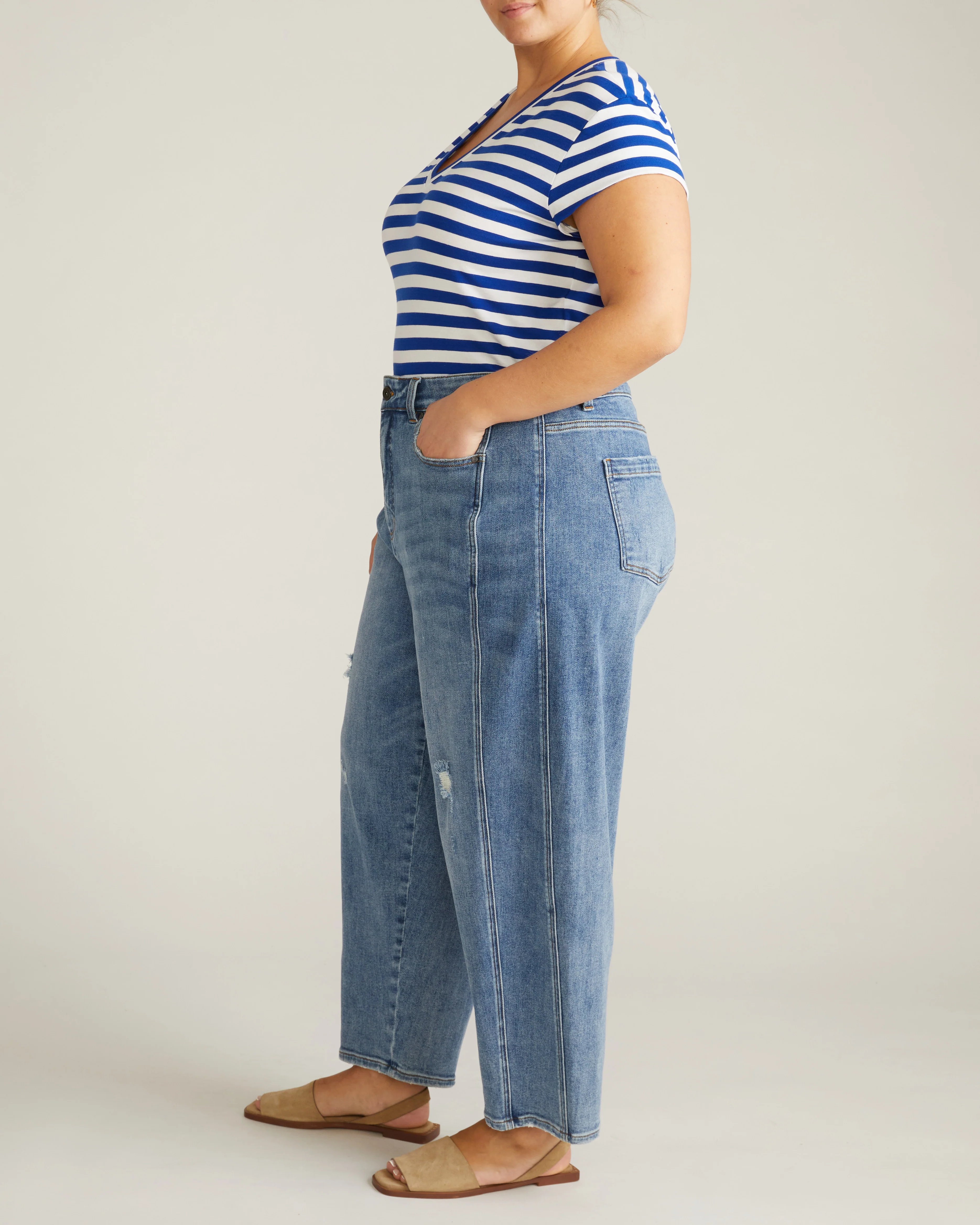 Ashley V Neck Cap Sleeve Tee - Hammersmith Blue/White Stripe - Image 5