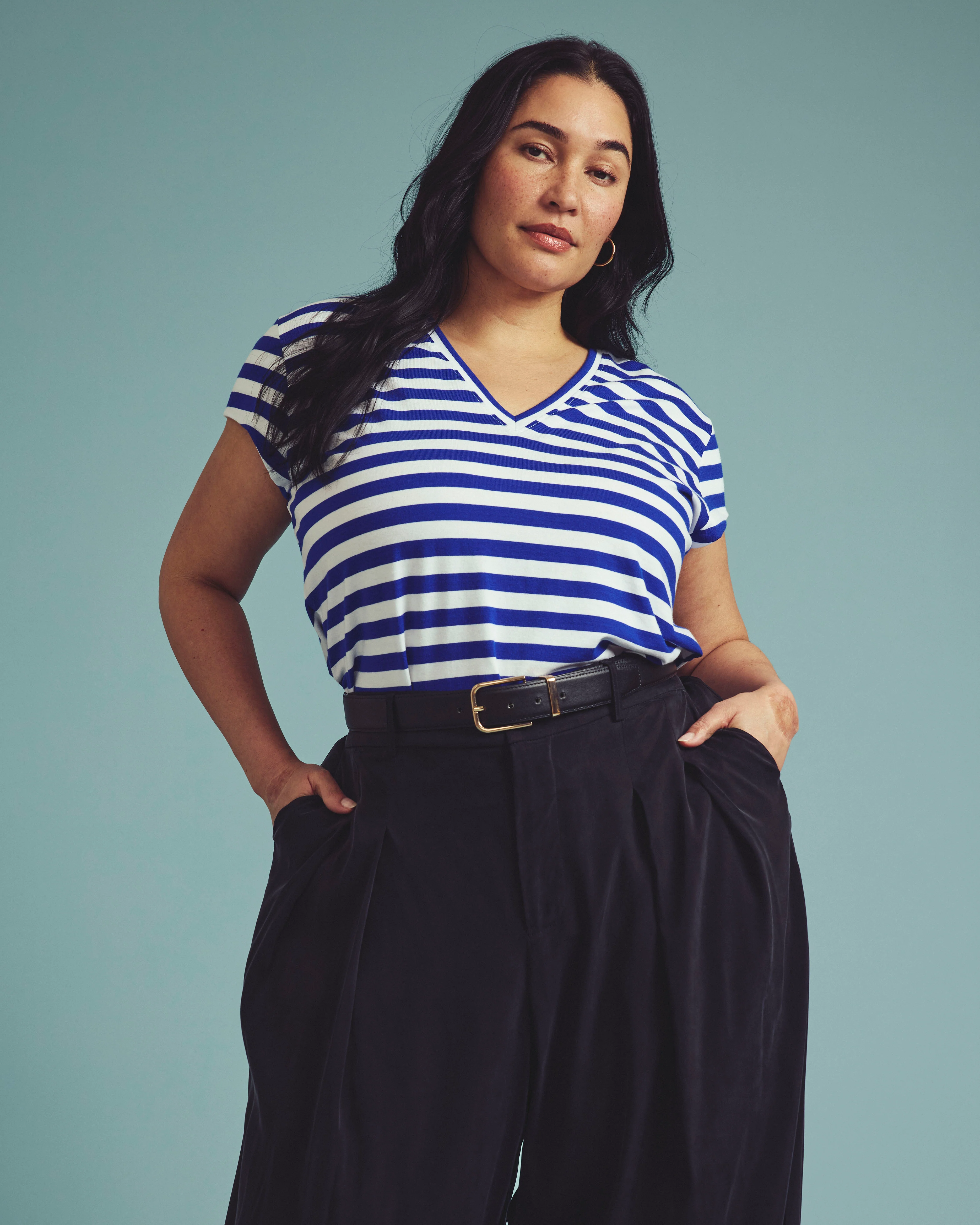 Ashley V Neck Cap Sleeve Tee - Hammersmith Blue/White Stripe - Image 7