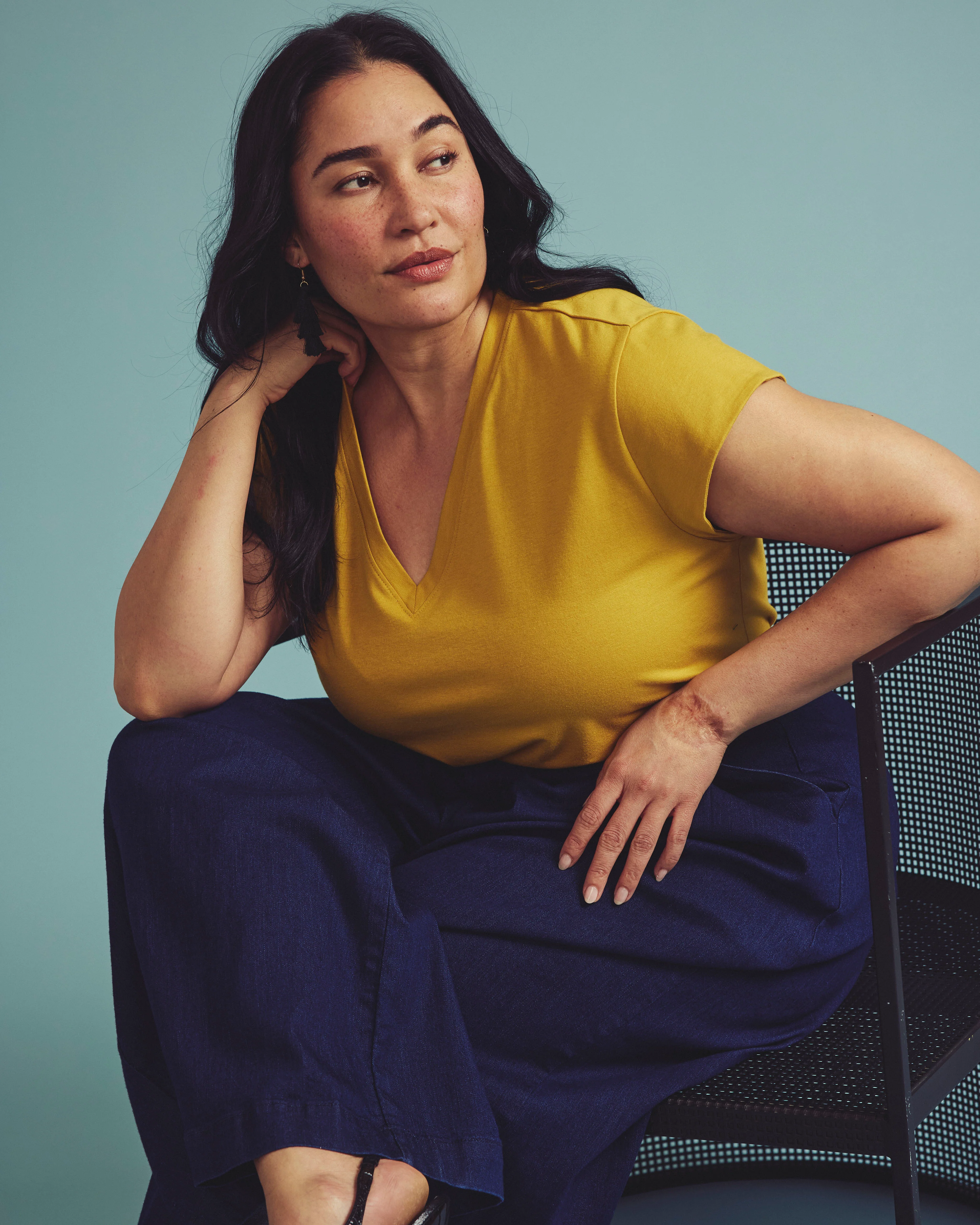 Ashley V Neck Cap Sleeve Tee - Yellow Ochre - Image 2