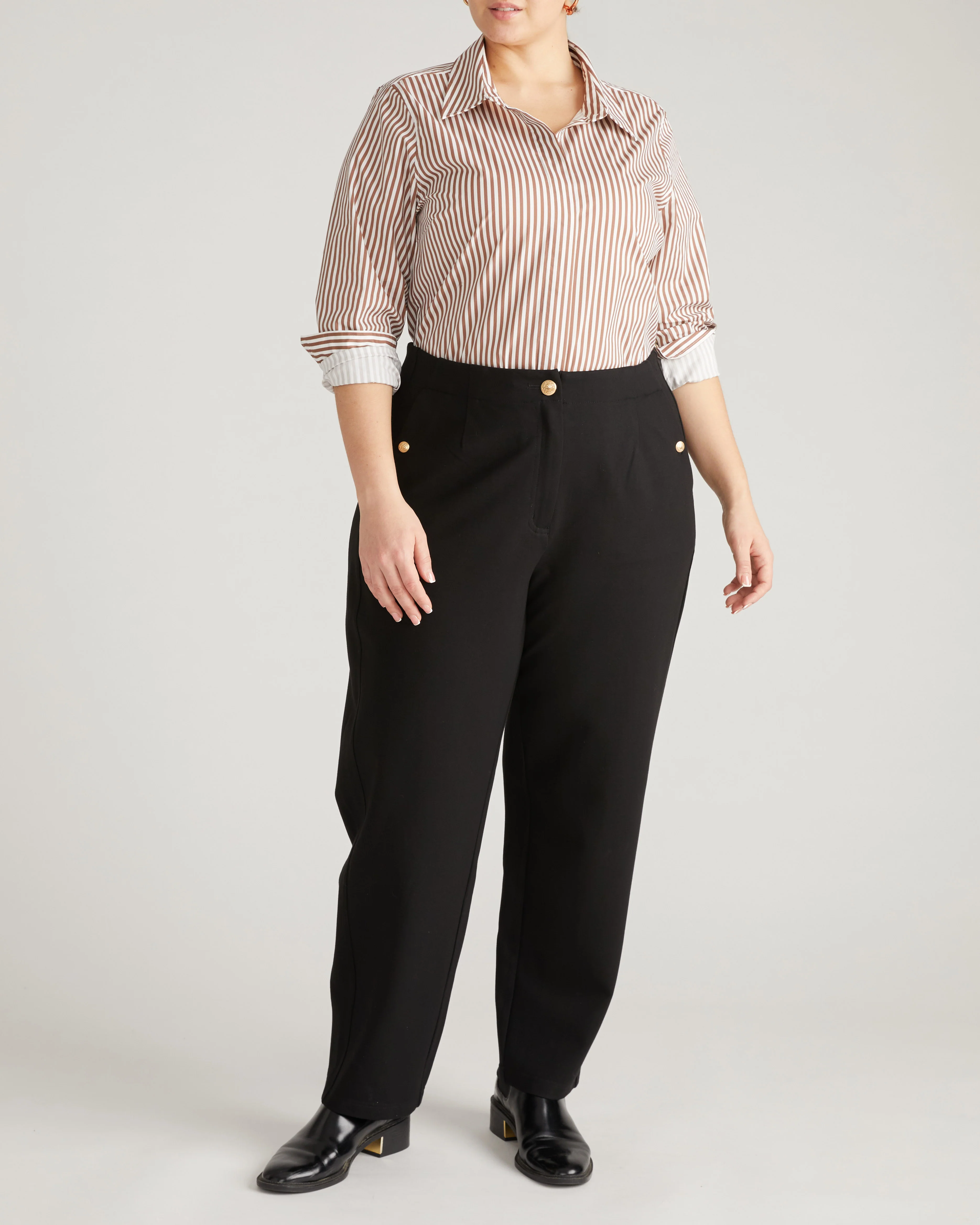 Audrey Tailored Ponte Pants - Black with Gold Buttons - Image 4