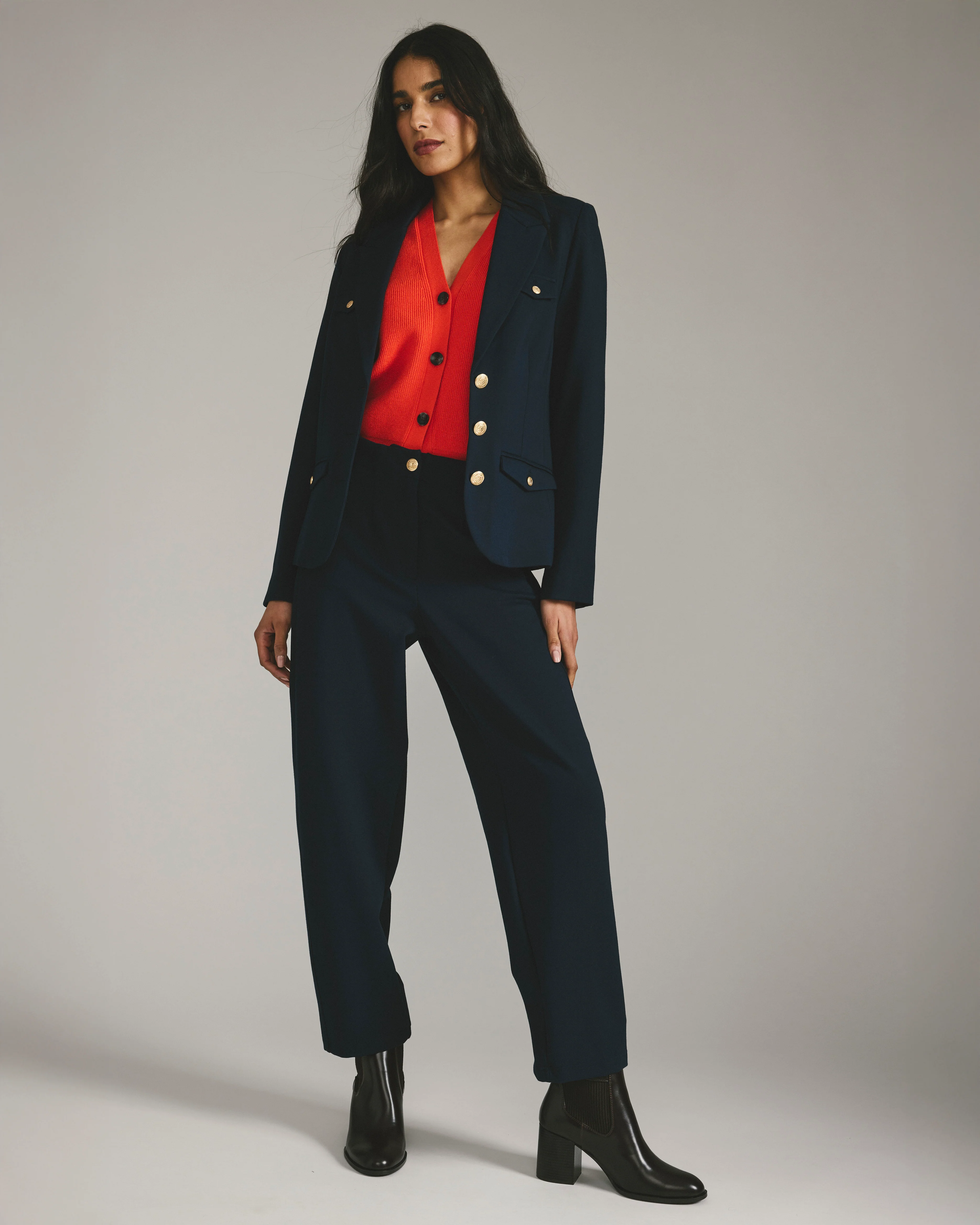Audrey Tailored Ponte Pants - Navy with Gold Buttons - Image 3