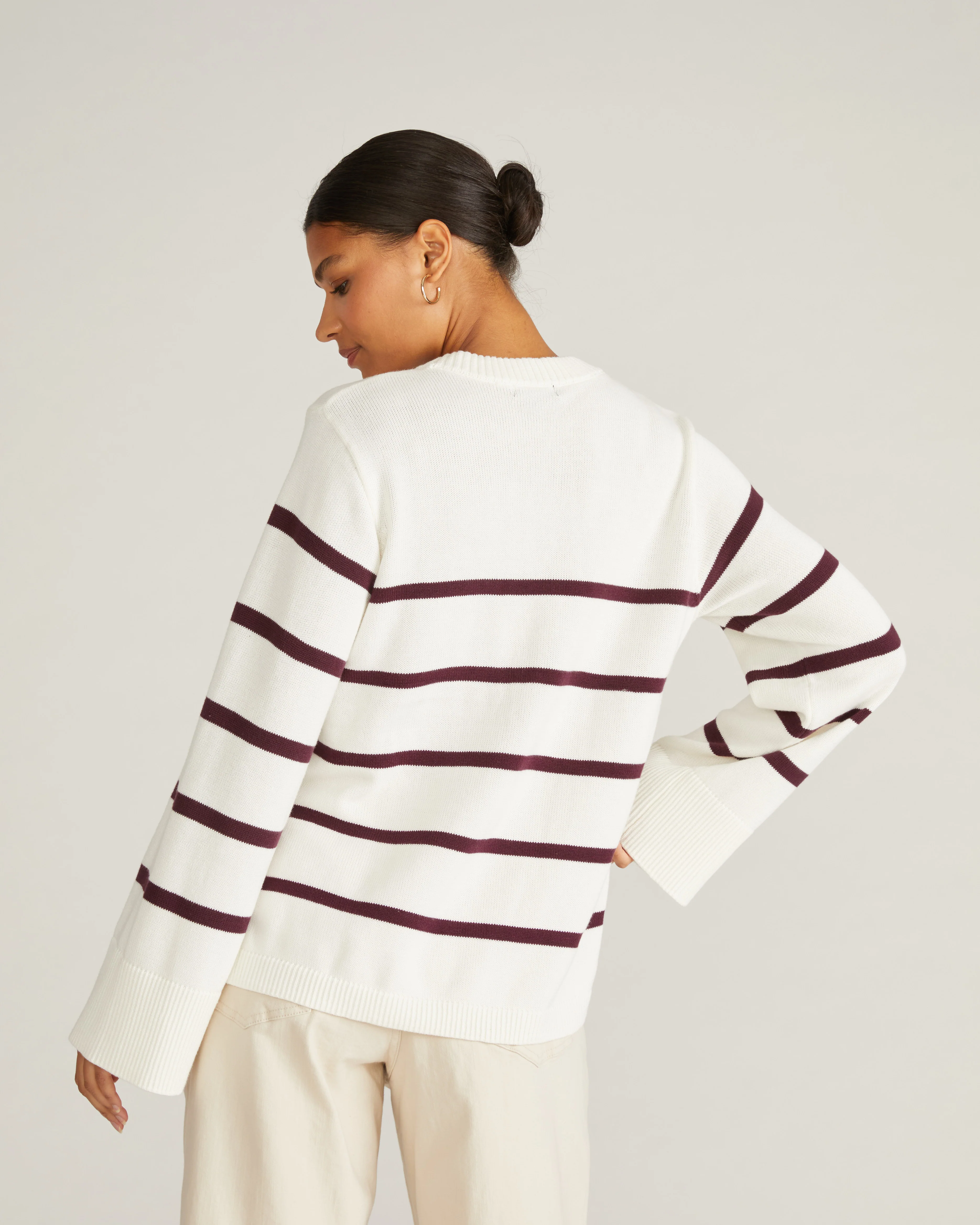Bardot Wide Sleeve Cotton Sweater - Cream/Acai Stripe - Image 3