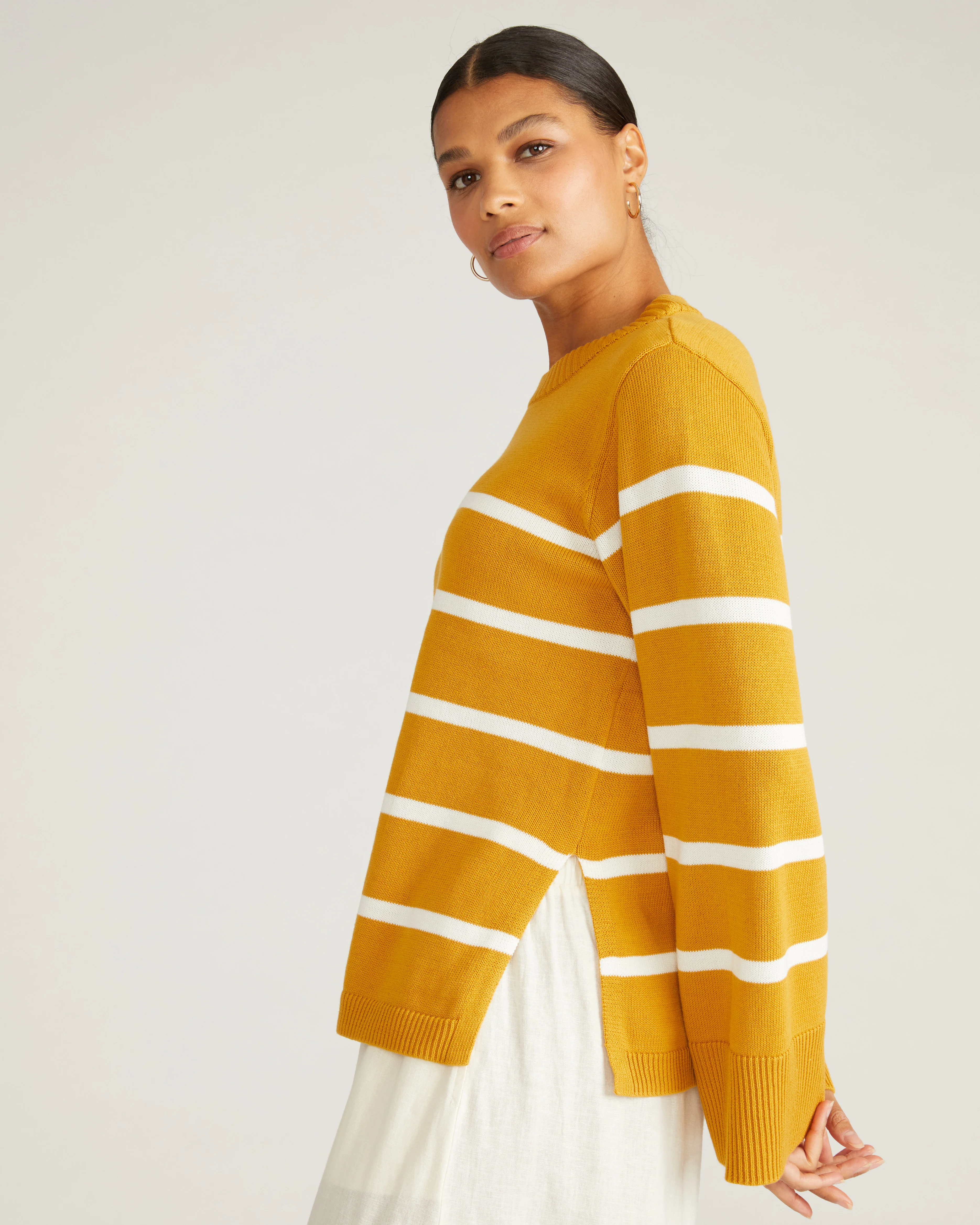 Bardot Wide Sleeve Cotton Sweater - Yellow Ochre/Cream Stripe - Image 3