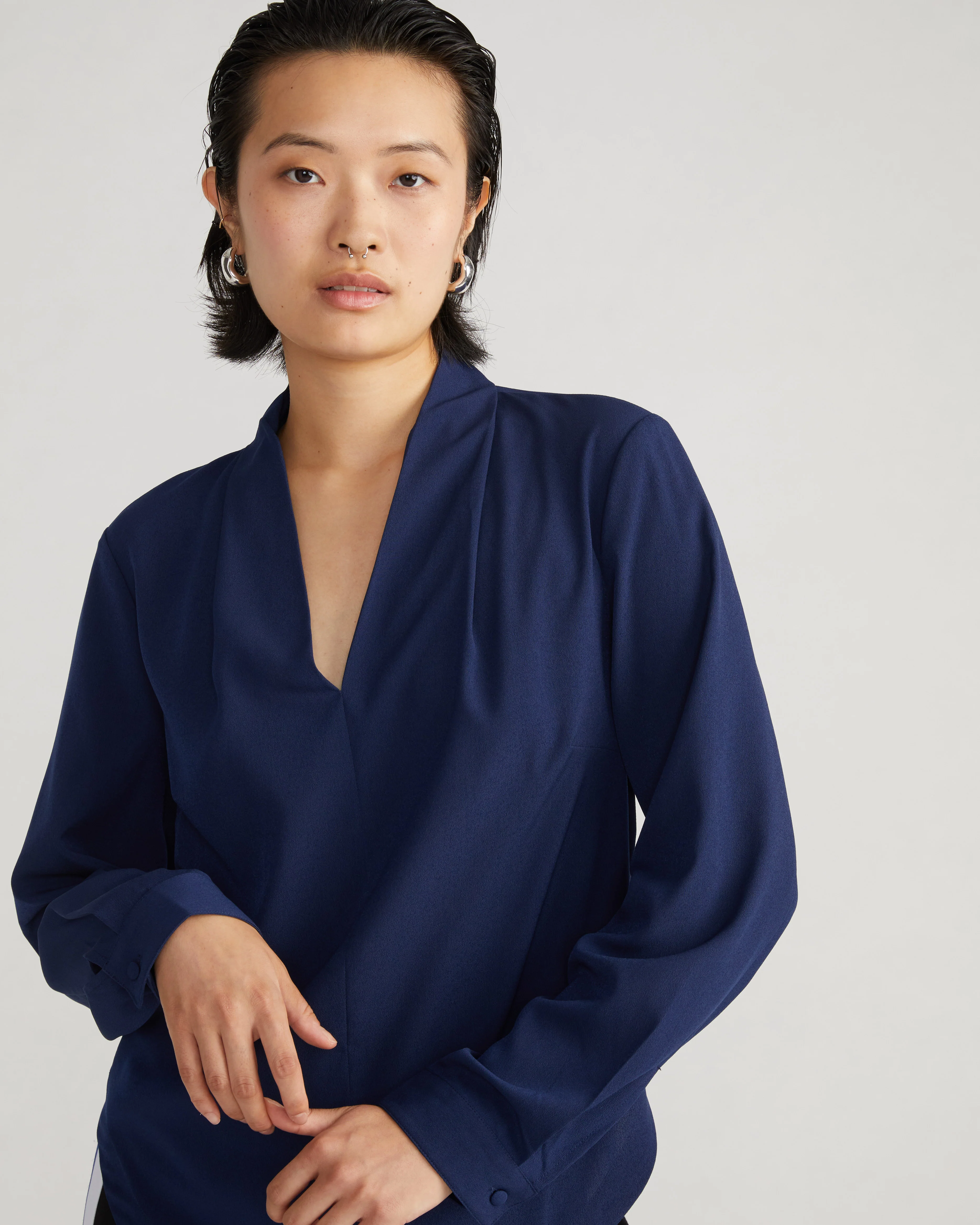 Better-Than-Silk Long Sleeve V-Neck Top - Brilliant Navy - Image 3