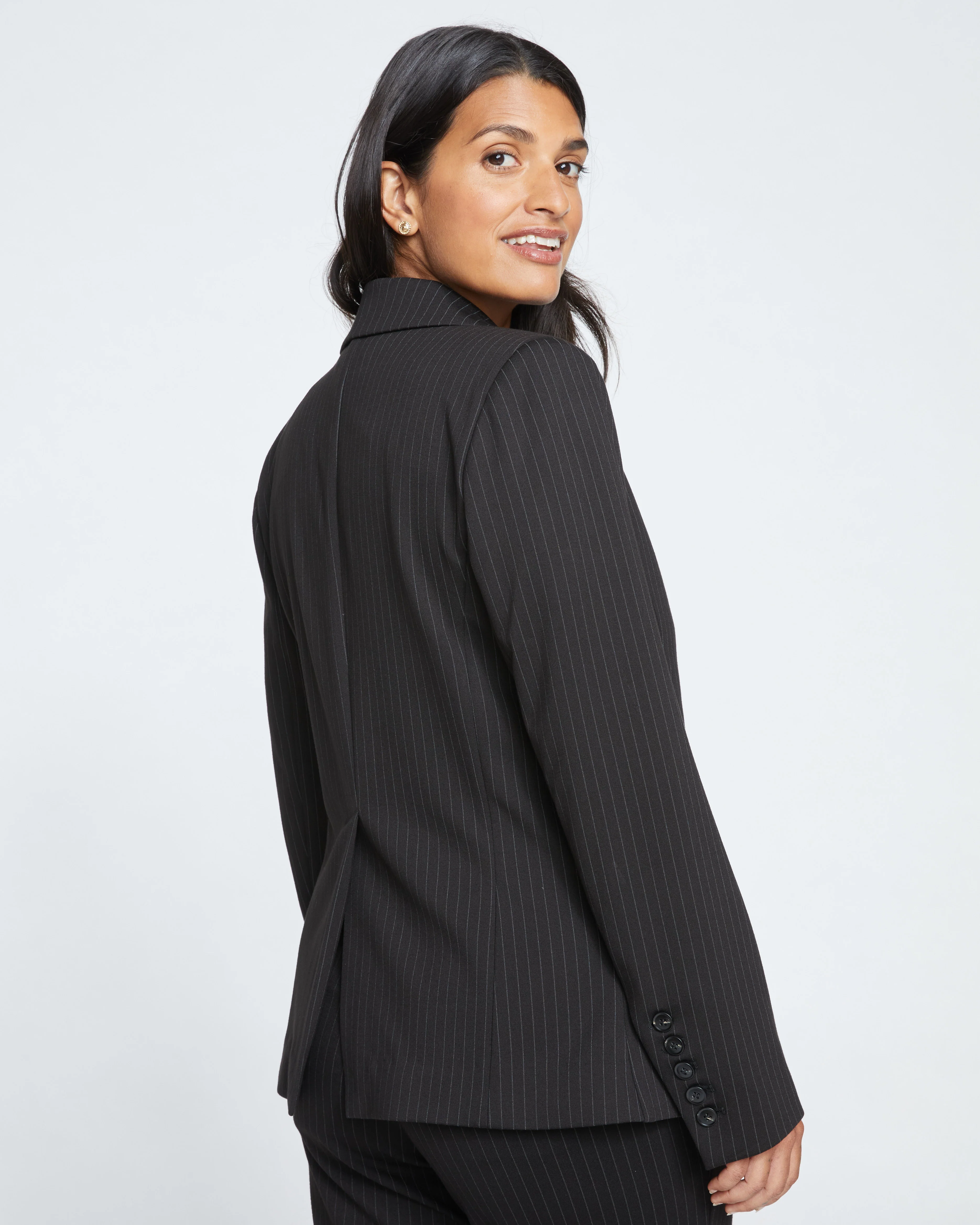Bianca Double Breasted Ponte Blazer - Slate Pinstripe - Image 5