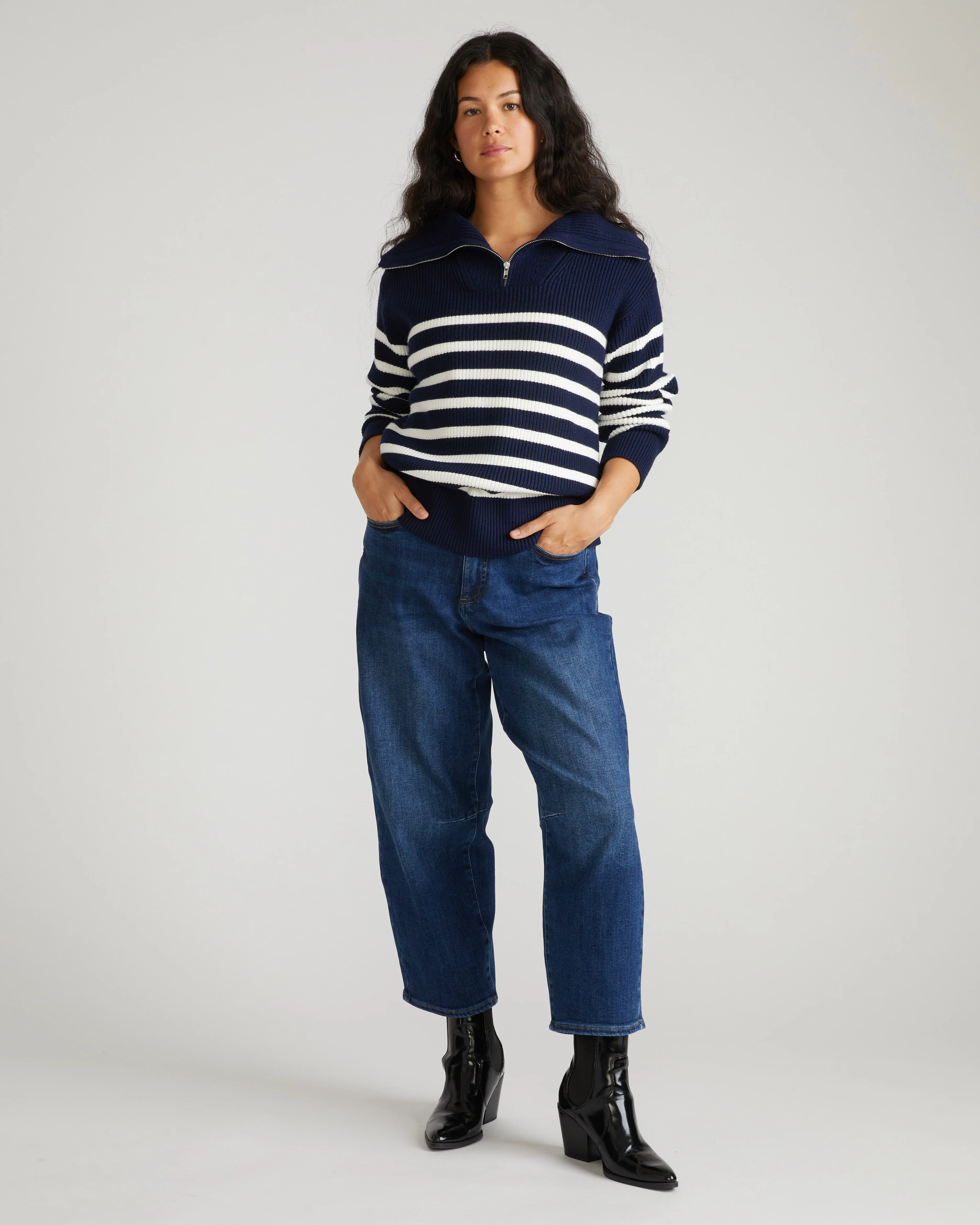 Brenda Zip Sweater - Navy/Cream Stripes - Image 4