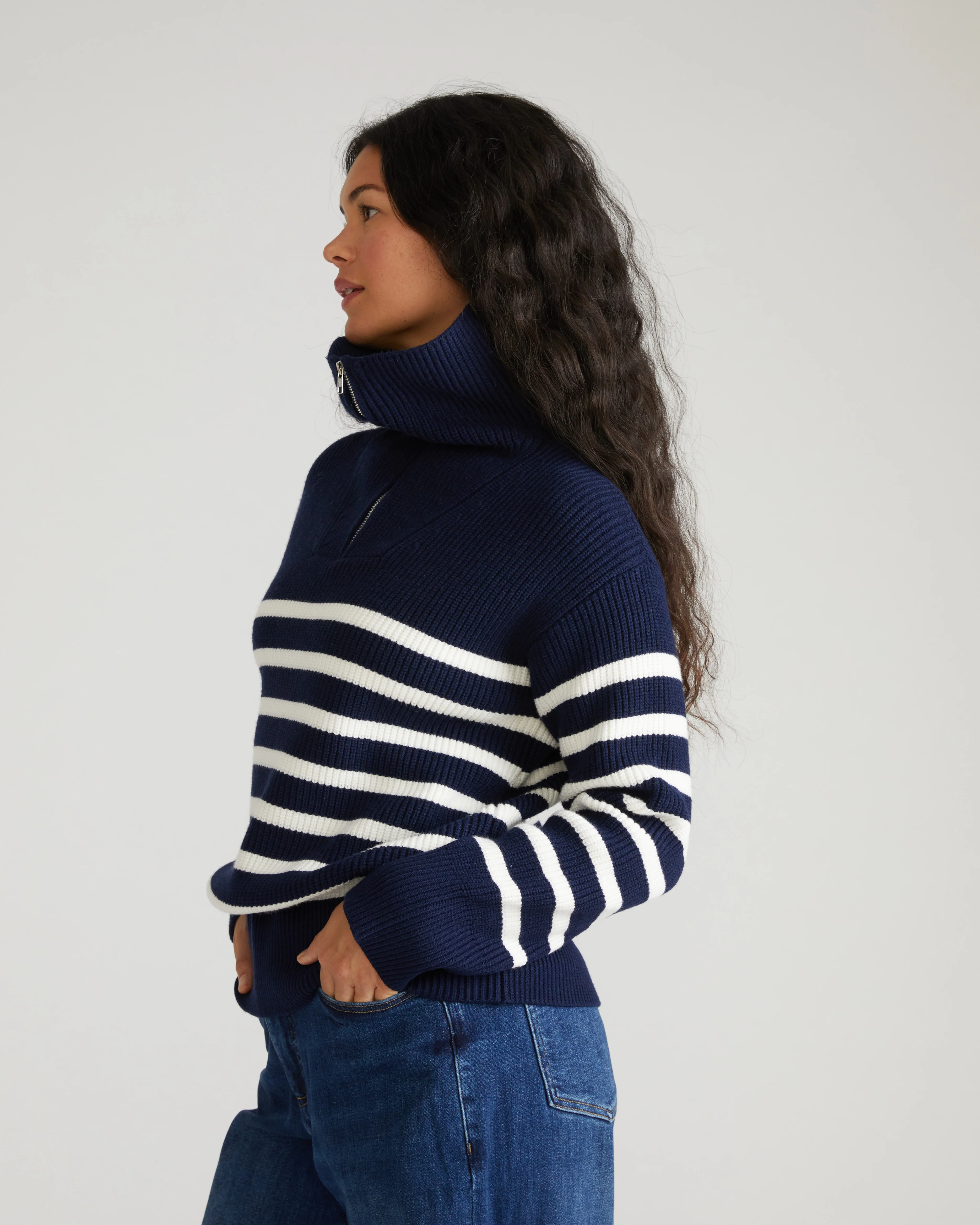 Brenda Zip Sweater - Navy/Cream Stripes - Image 6