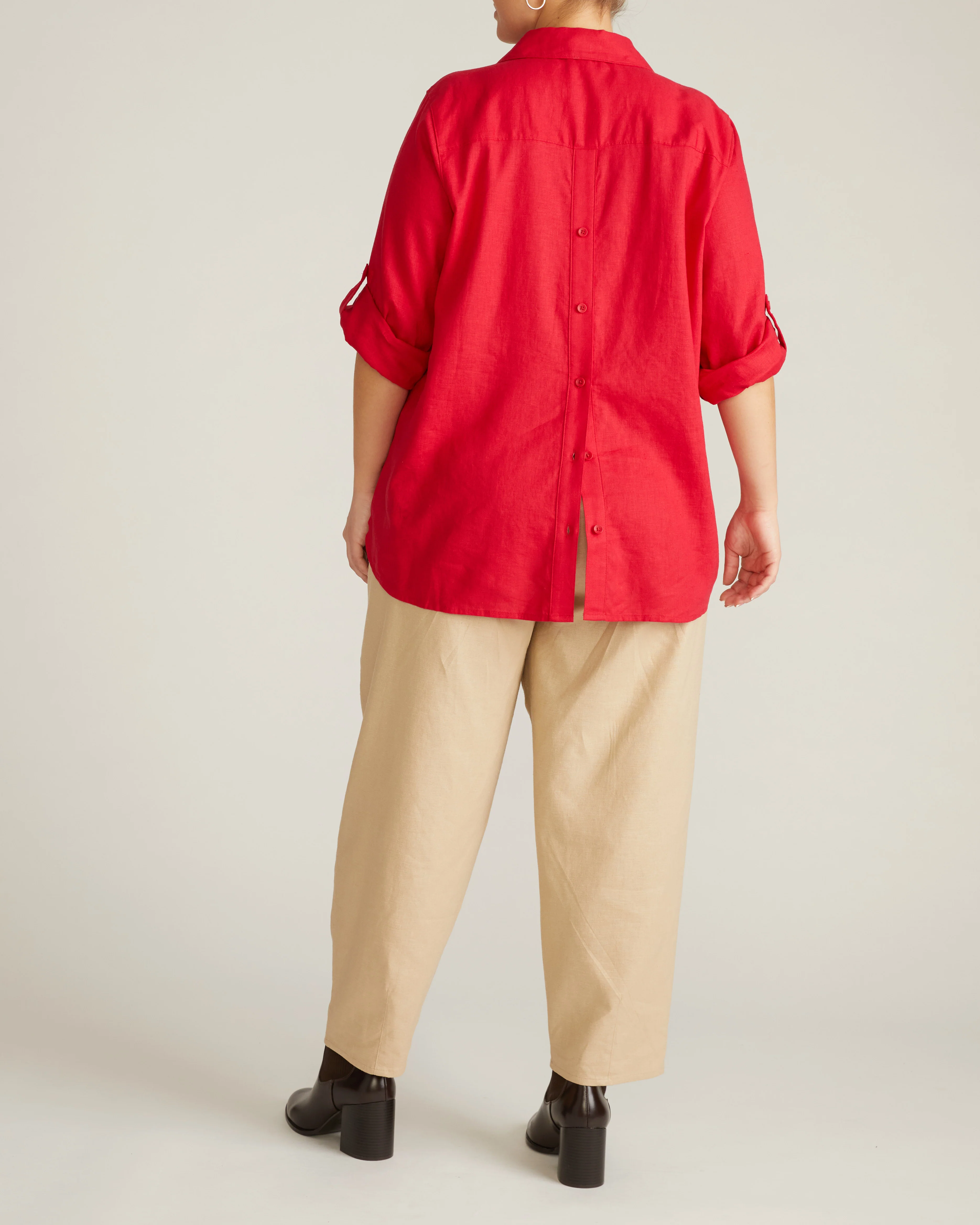 Button Back Linen Polo Shirt - Brilliant Red - Image 6