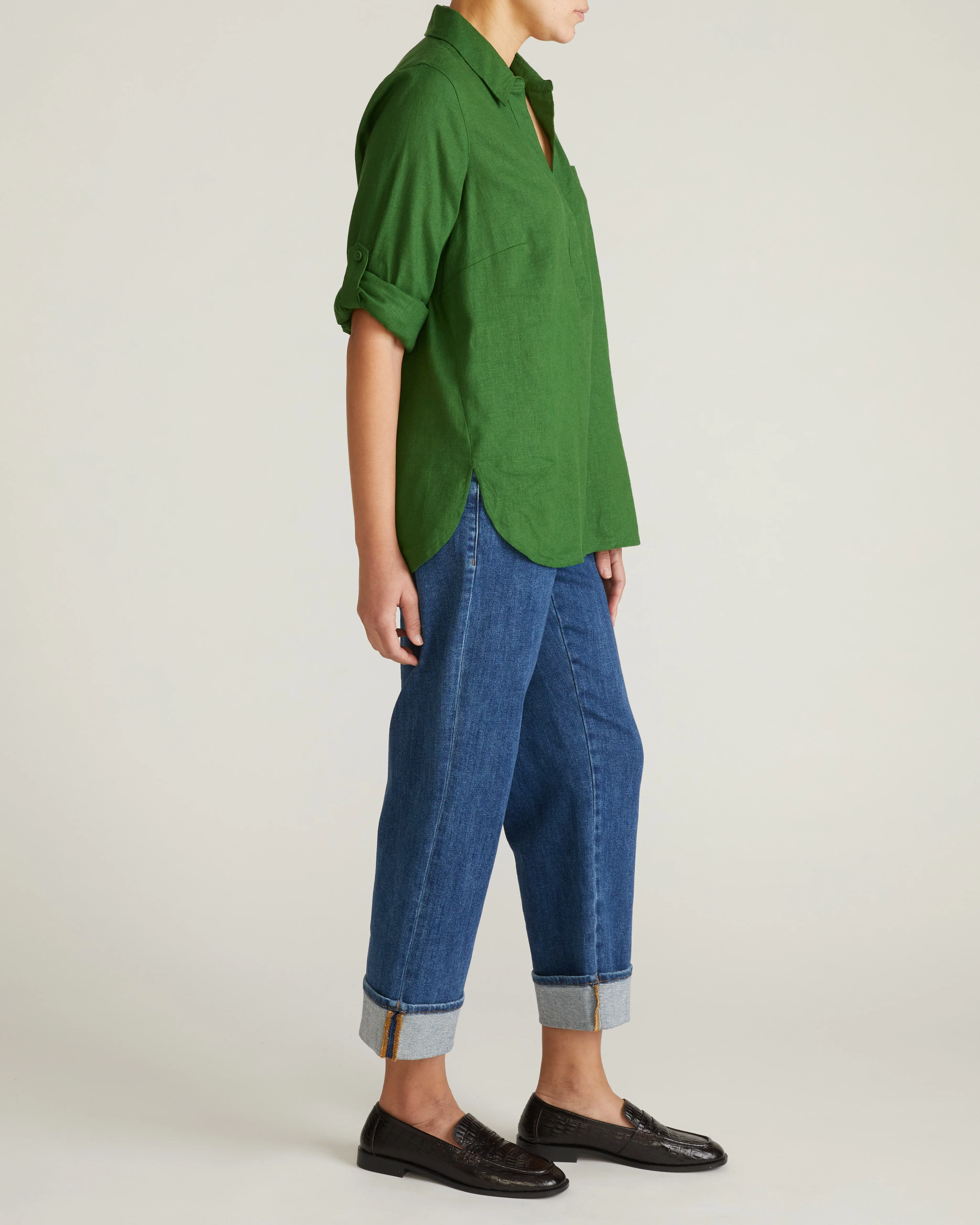 Button Back Linen Polo Shirt - Green Park - Image 3