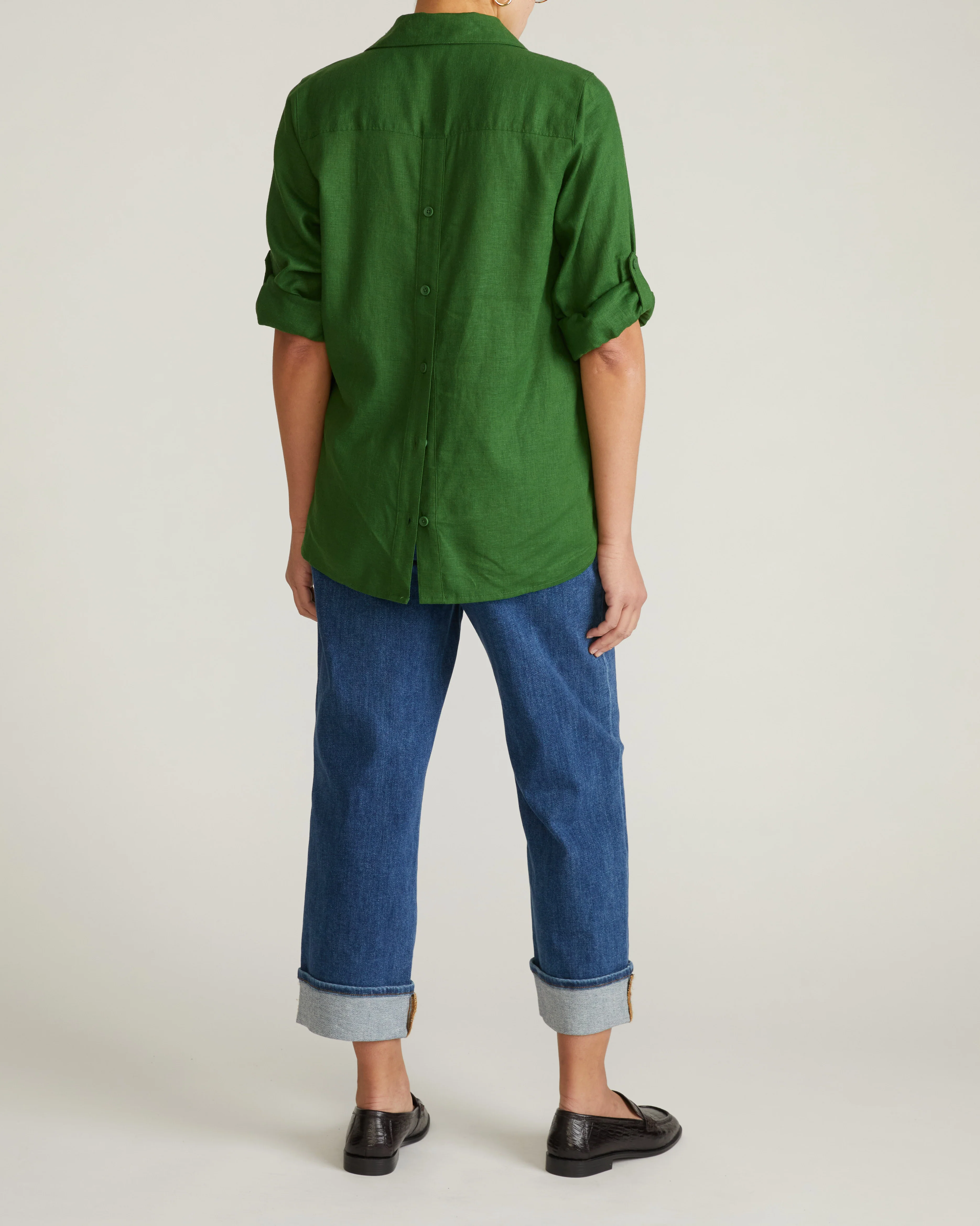 Button Back Linen Polo Shirt - Green Park - Image 4