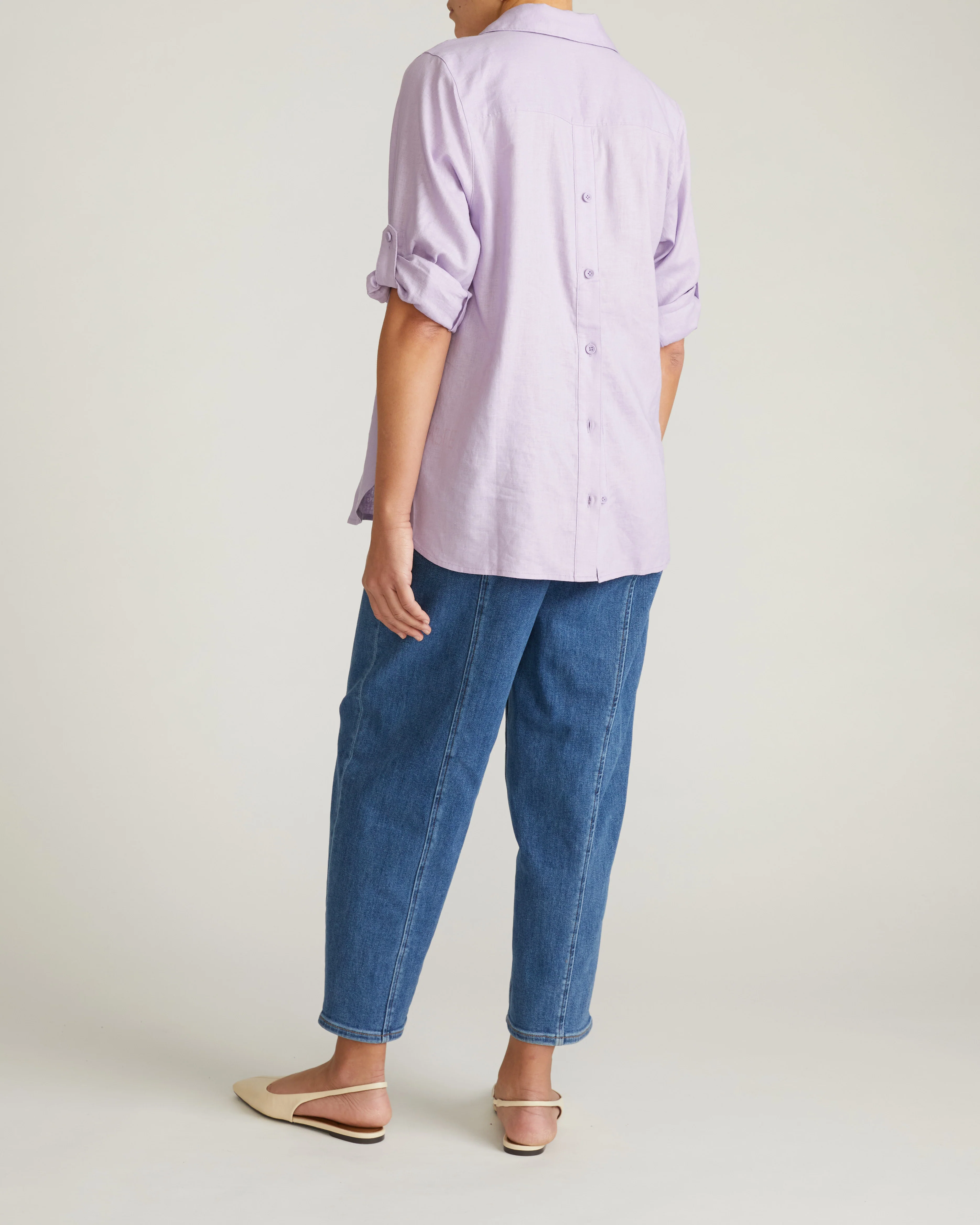 Button Back Linen Polo Shirt - Orchid - Image 4