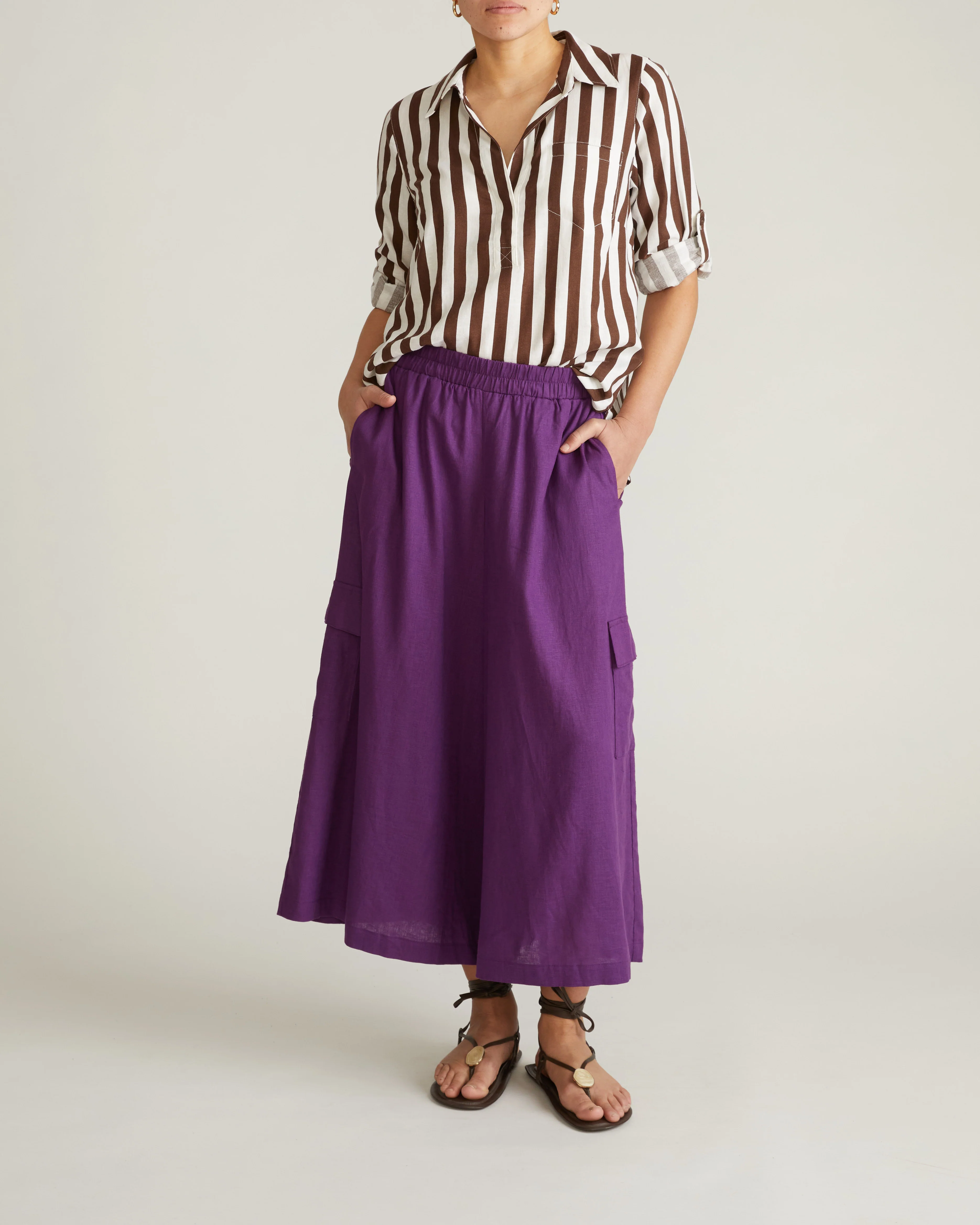 Button Back Linen Polo Shirt - Peppercorn Stripe - Image 8