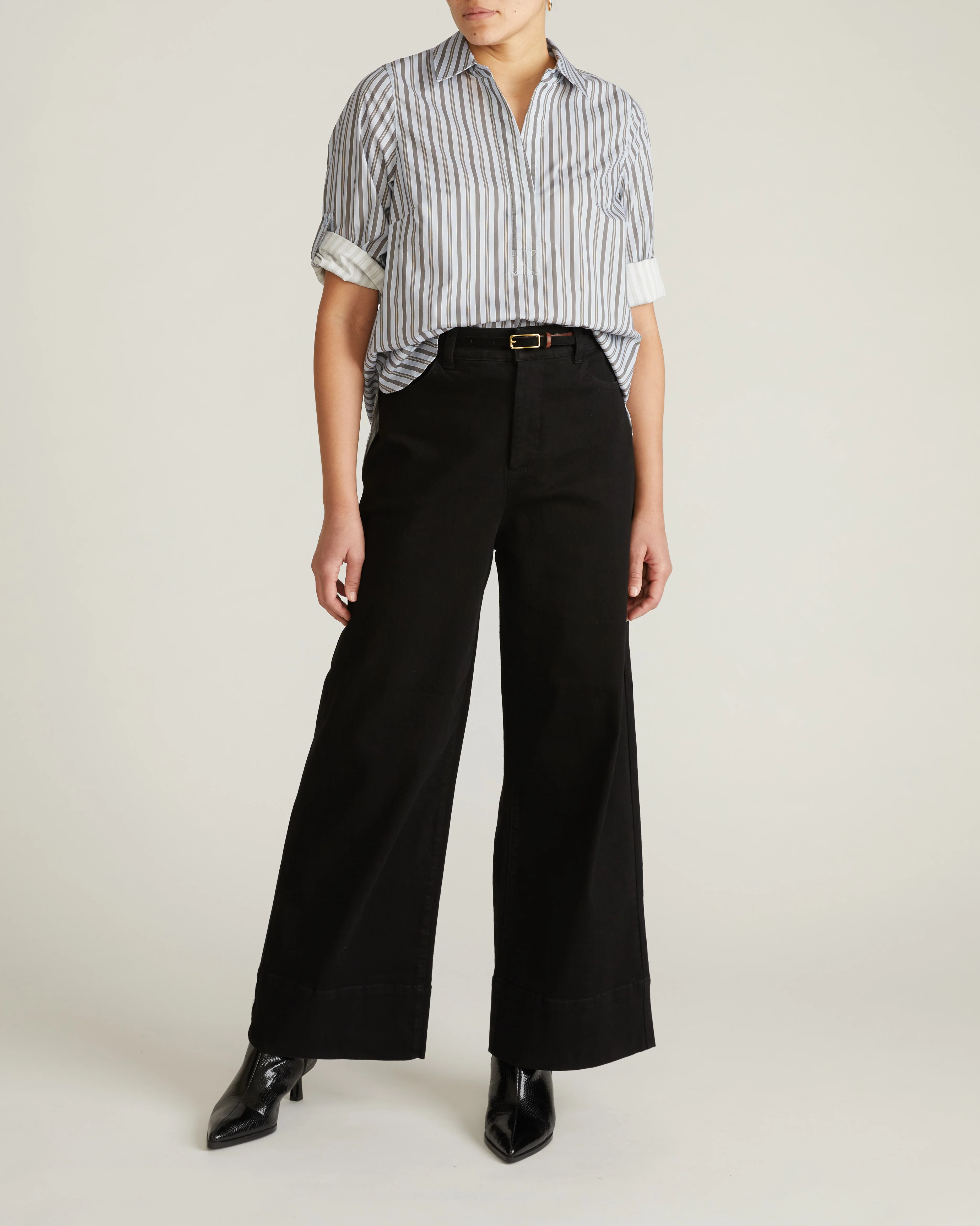Button Back Poplin Polo Shirt - Smokey Blue Stripe - Image 6