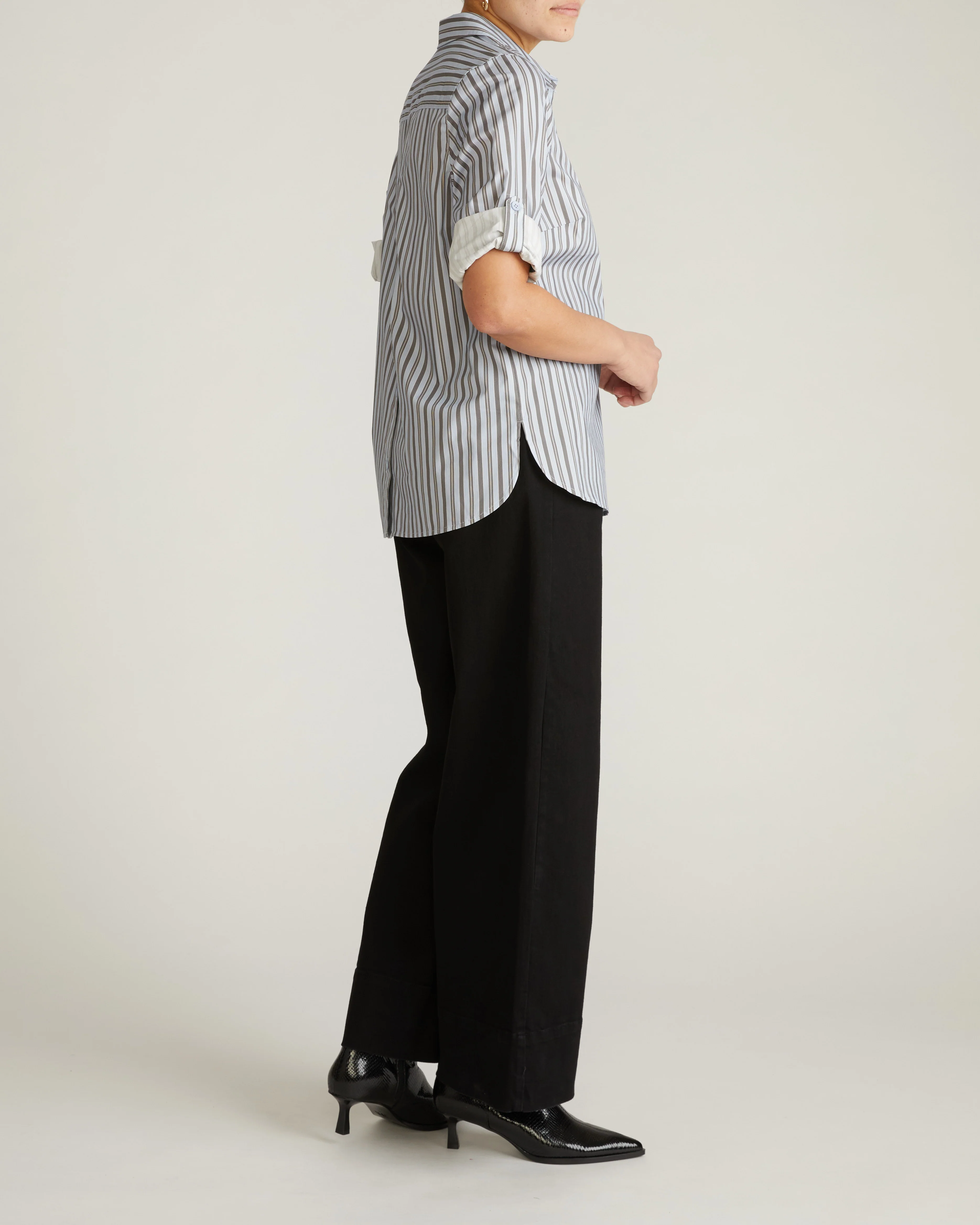 Button Back Poplin Polo Shirt - Smokey Blue Stripe - Image 7