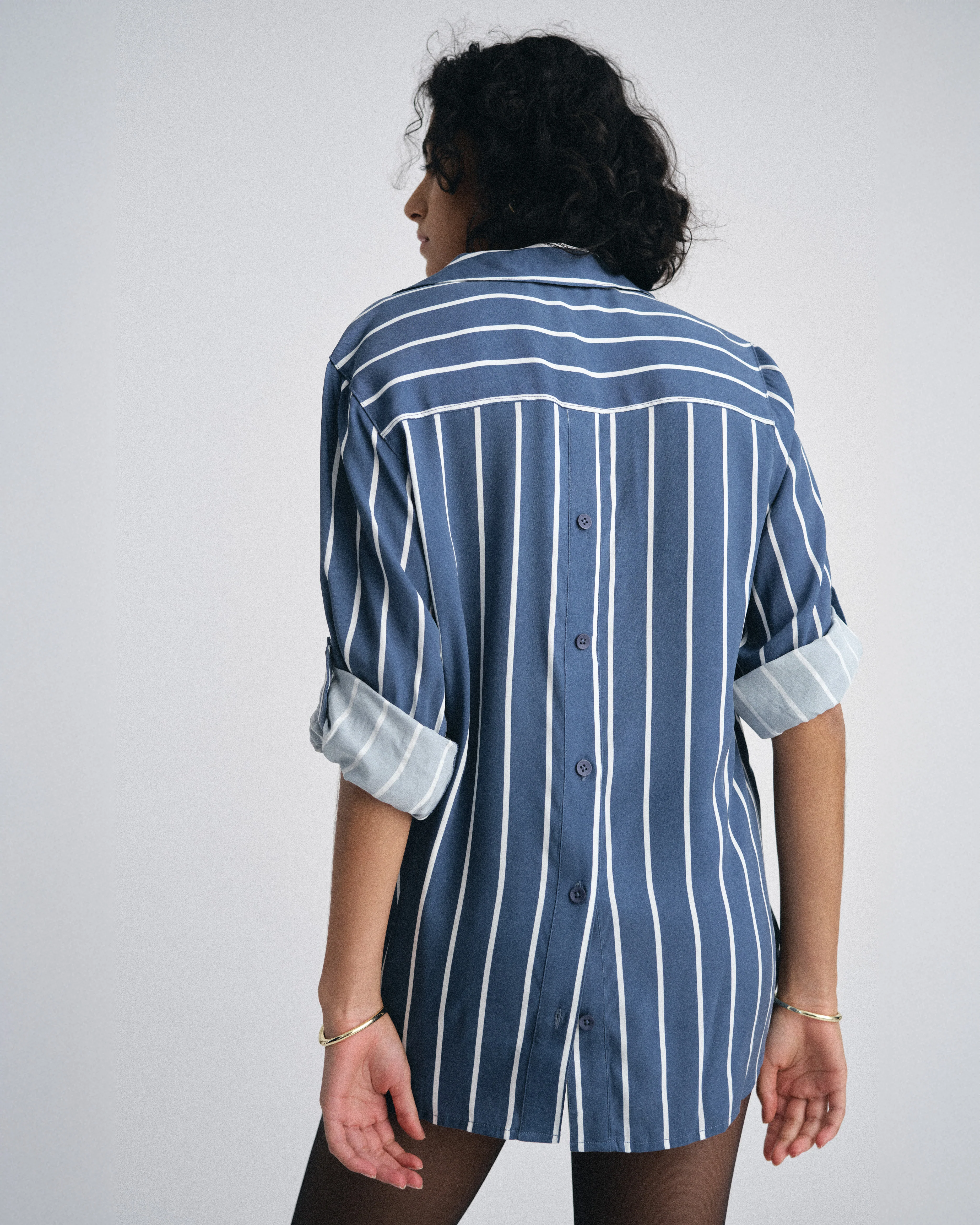 Button Back Stretch Cupro Polo Shirt - Ensign Blue/White Stripe - Image 4