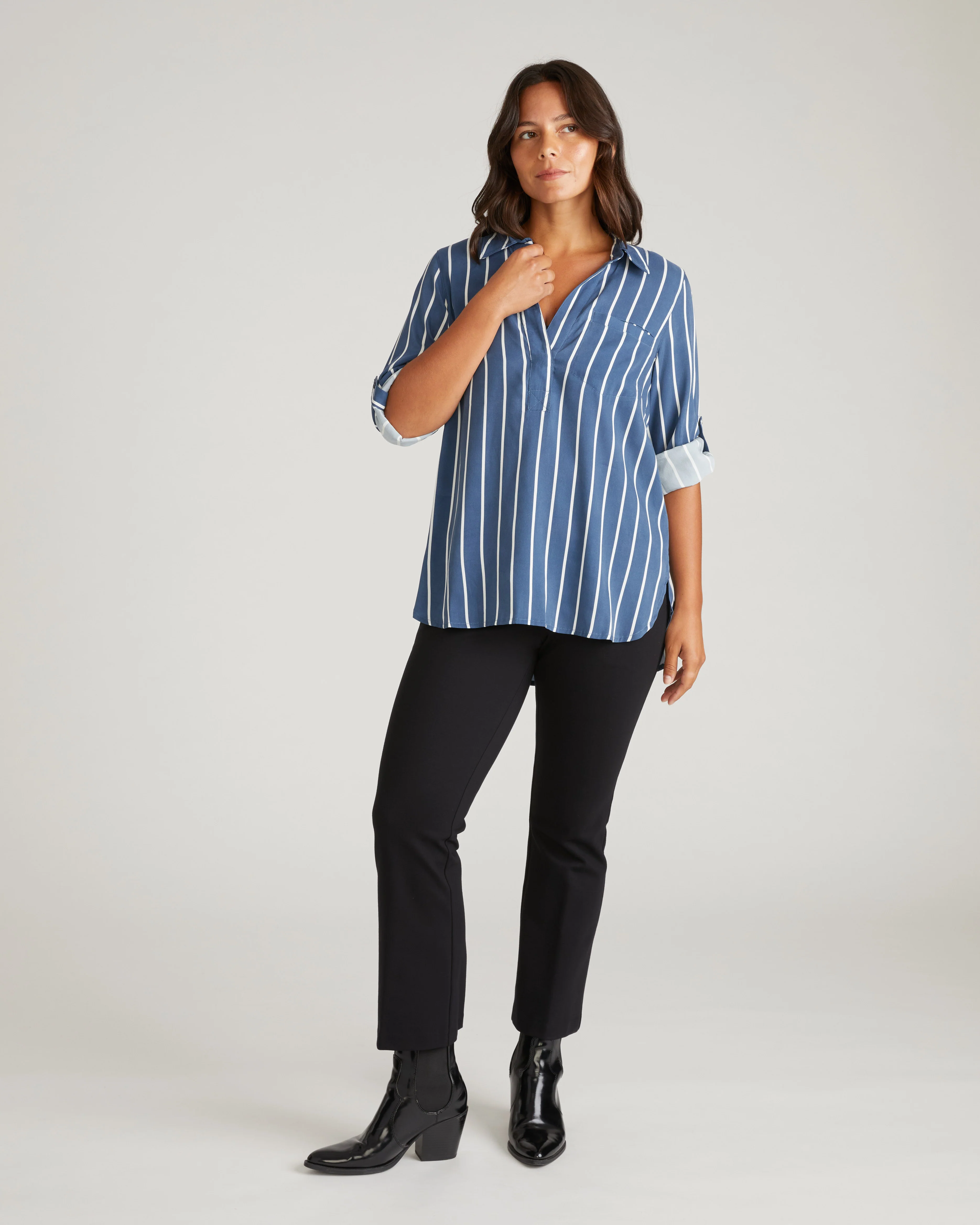 Button Back Stretch Cupro Polo Shirt - Ensign Blue/White Stripe - Image 5