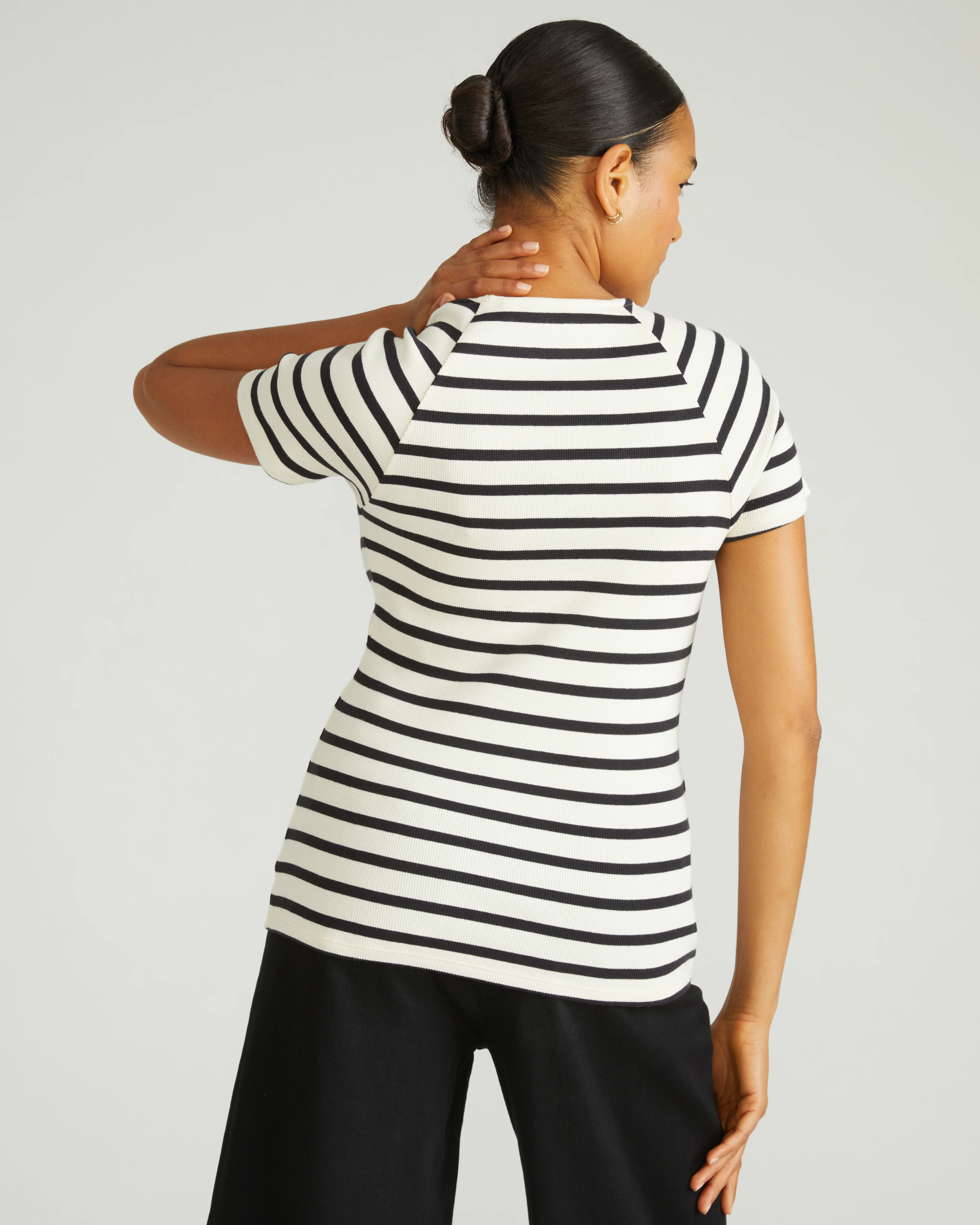 Carey Ribbed Sweetheart Tee - Ecru/Black Stripe - Image 4