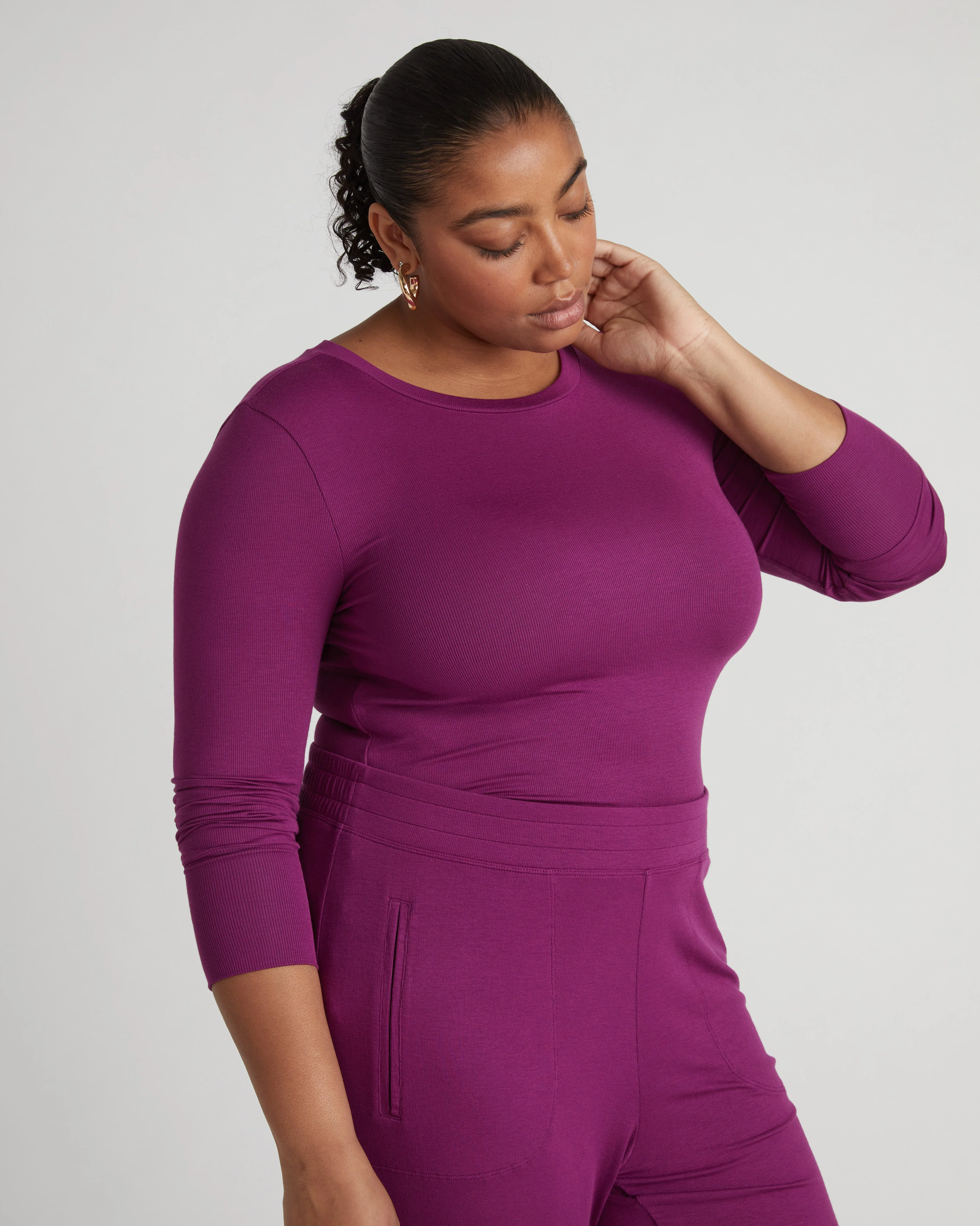 Cloud Rib Long Sleeve Crew Neck Tee - Goji Berry - Image 2