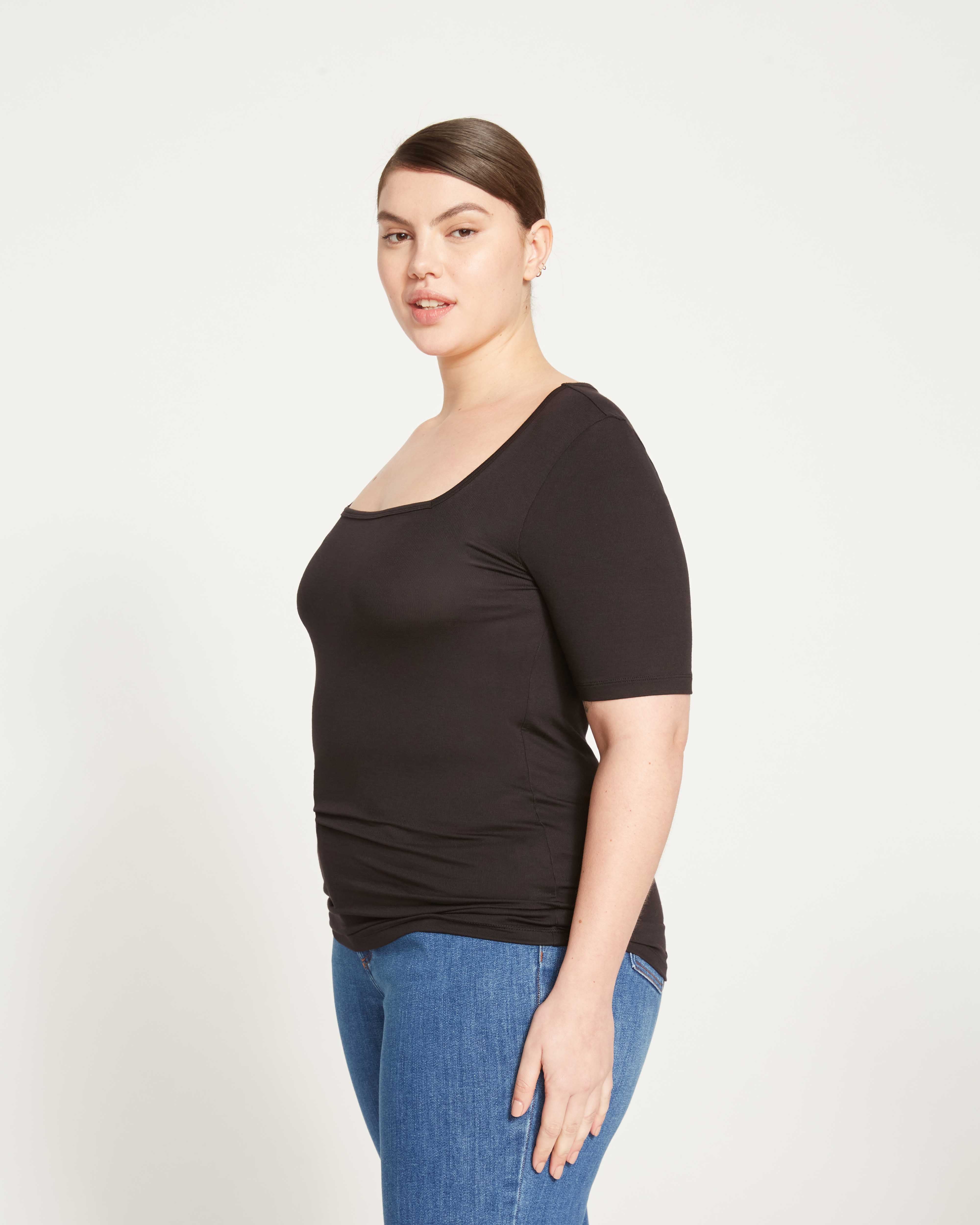 Cloud Rib Short Sleeve Square Neck Tee - Black - Image 4