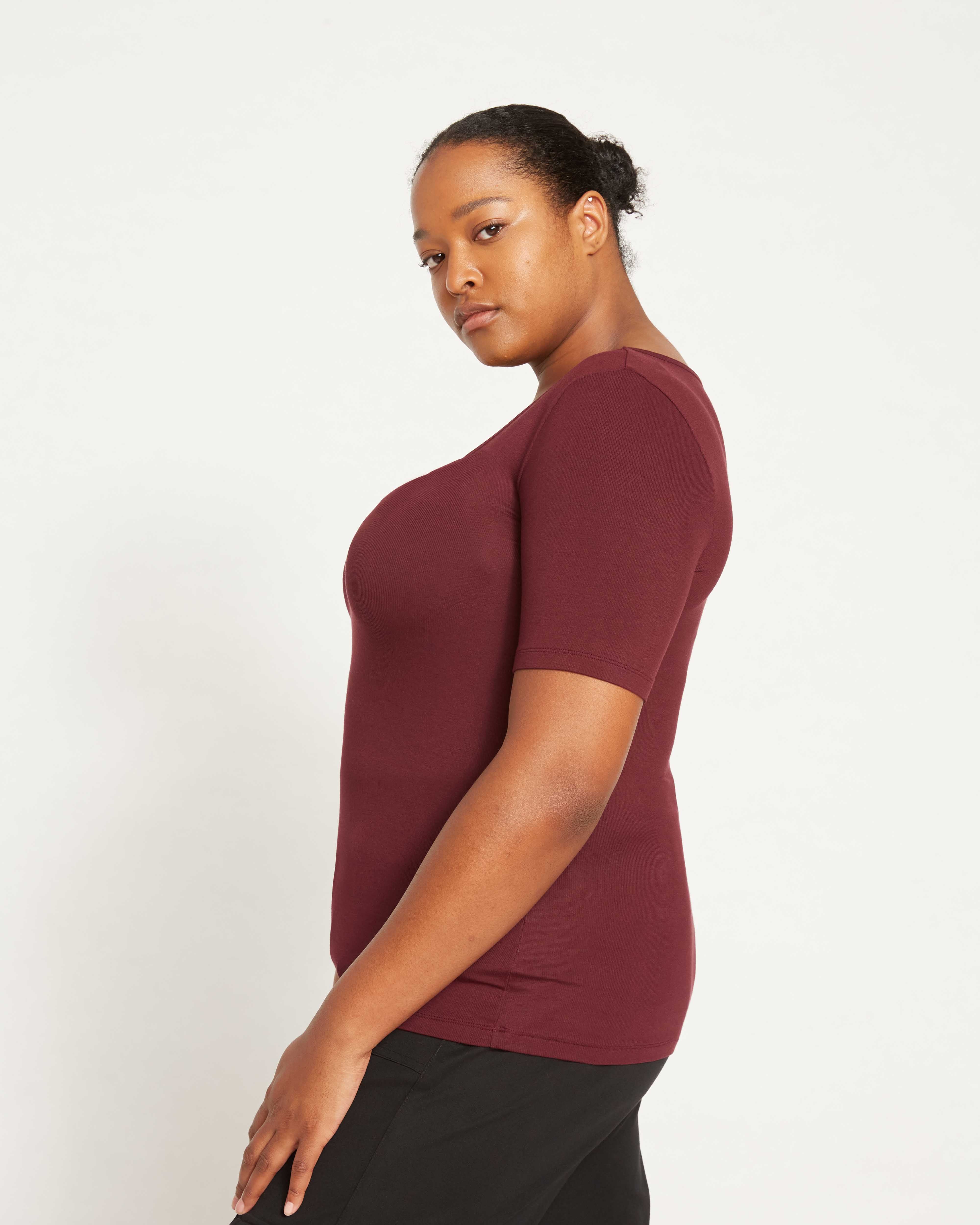 Cloud Rib Short Sleeve Square Neck Tee - Black Cherry - Image 4