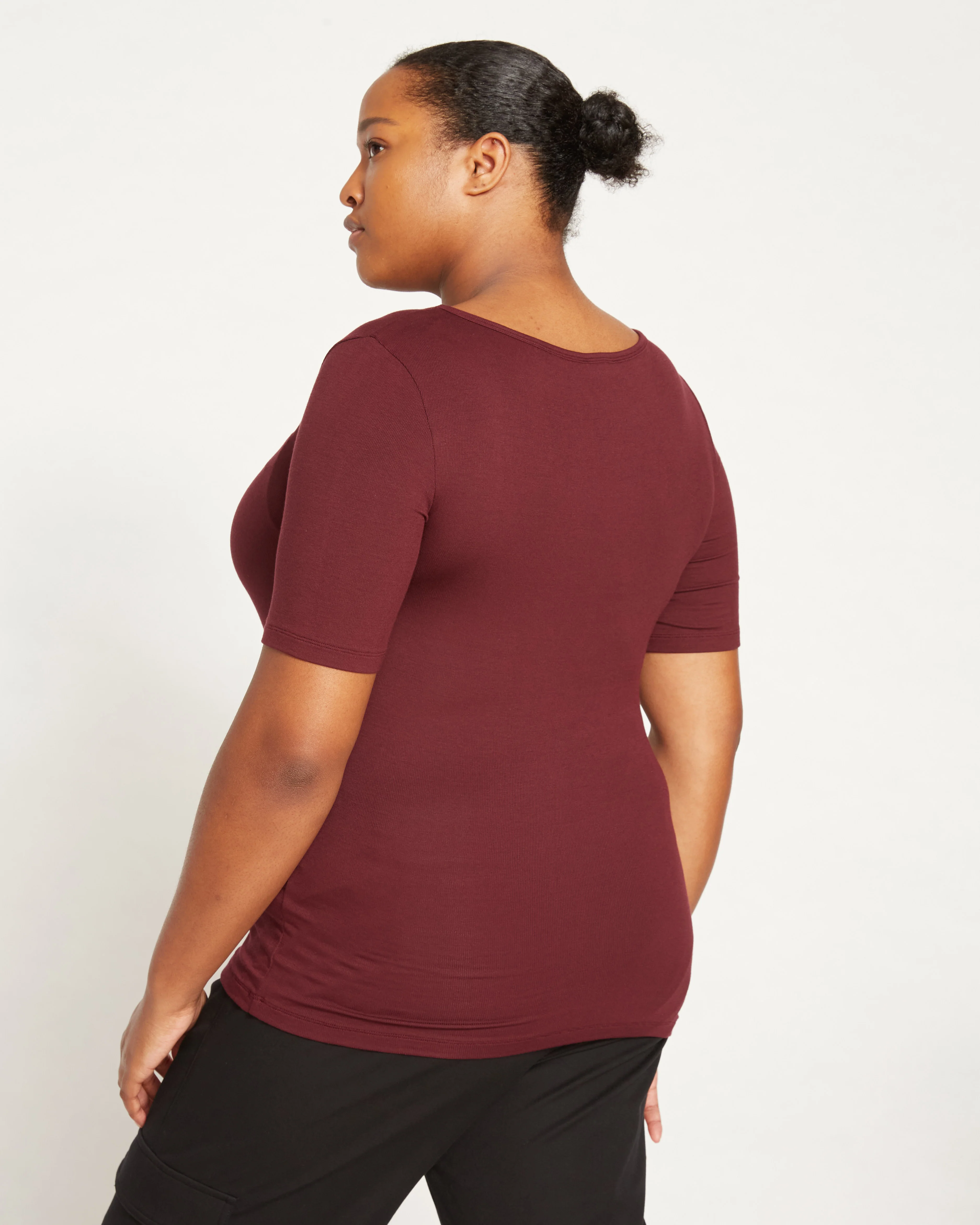 Cloud Rib Short Sleeve Square Neck Tee - Black Cherry - Image 5