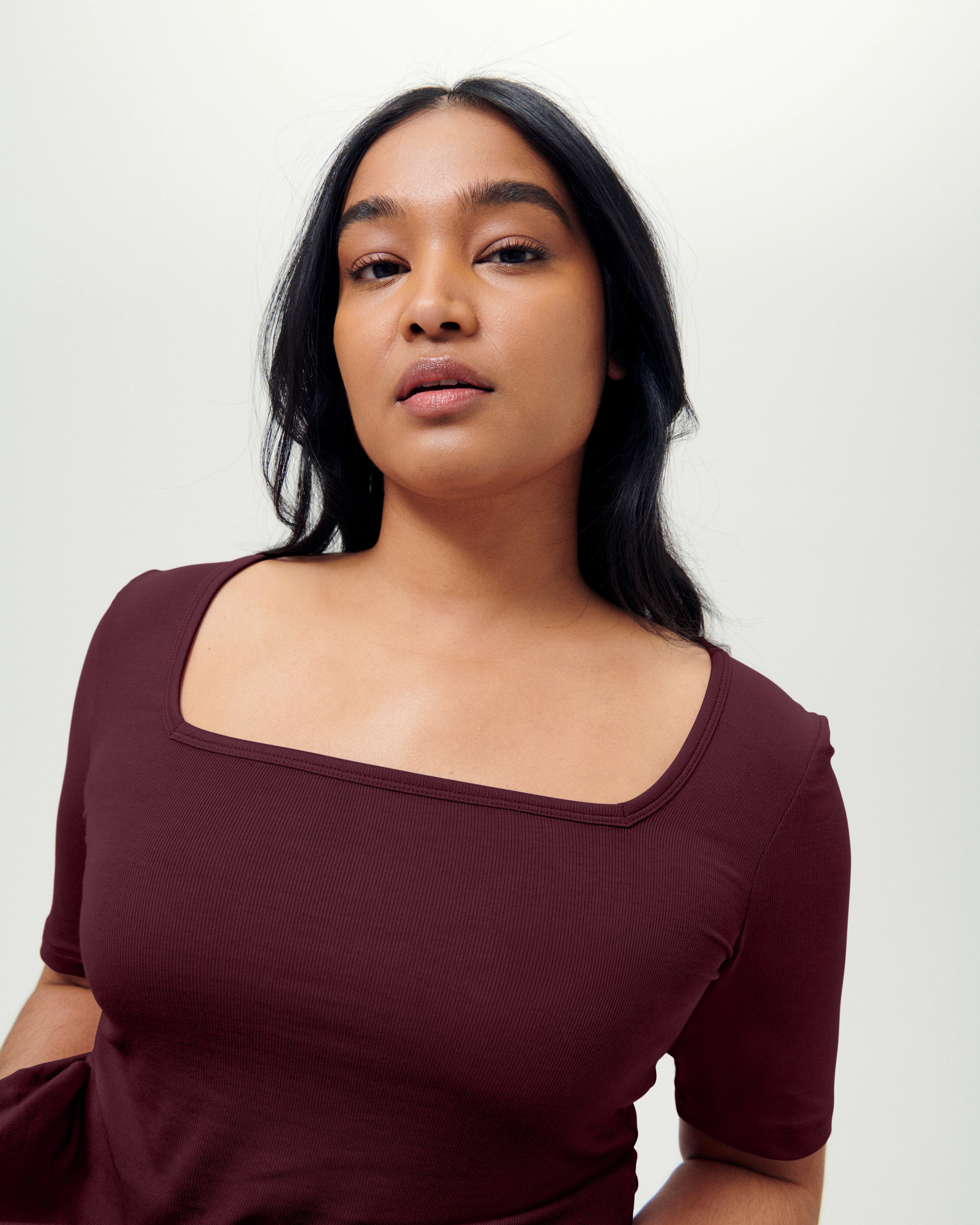 Cloud Rib Short Sleeve Square Neck Tee - Black Cherry - Image 6