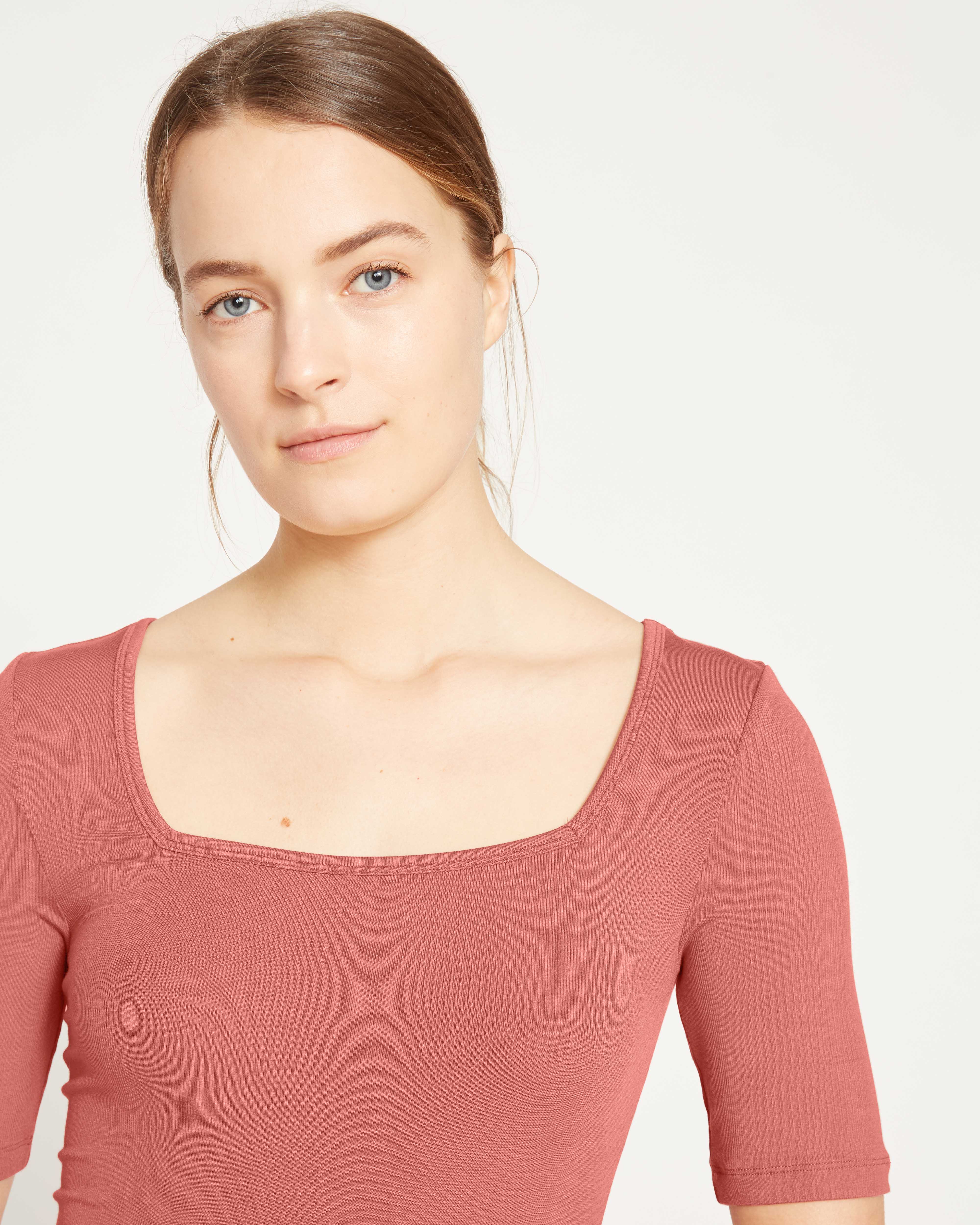 Cloud Rib Short Sleeve Square Neck Tee - Terracotta - Image 2