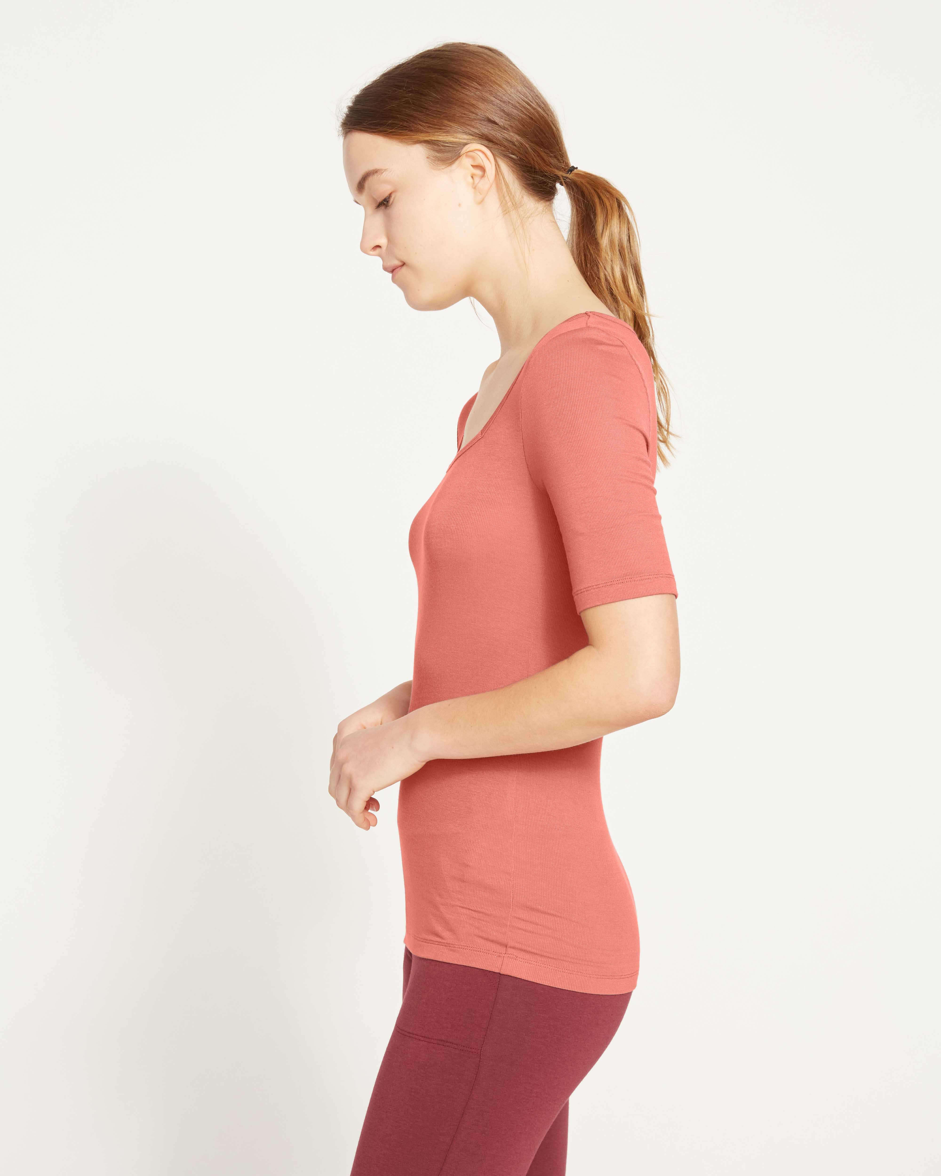 Cloud Rib Short Sleeve Square Neck Tee - Terracotta - Image 4