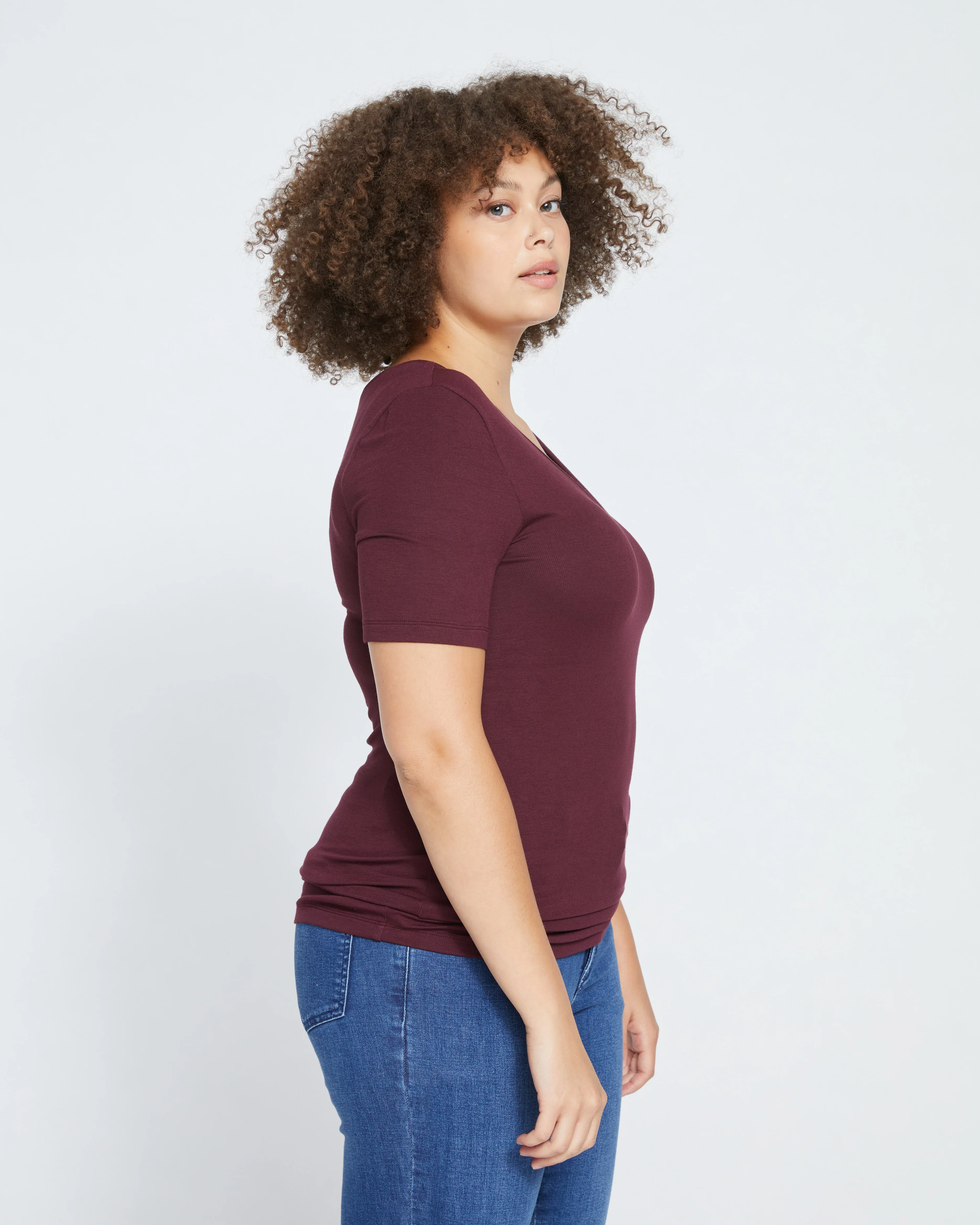Cloud Rib Short Sleeve V-Neck Tee - Black Cherry - Image 6