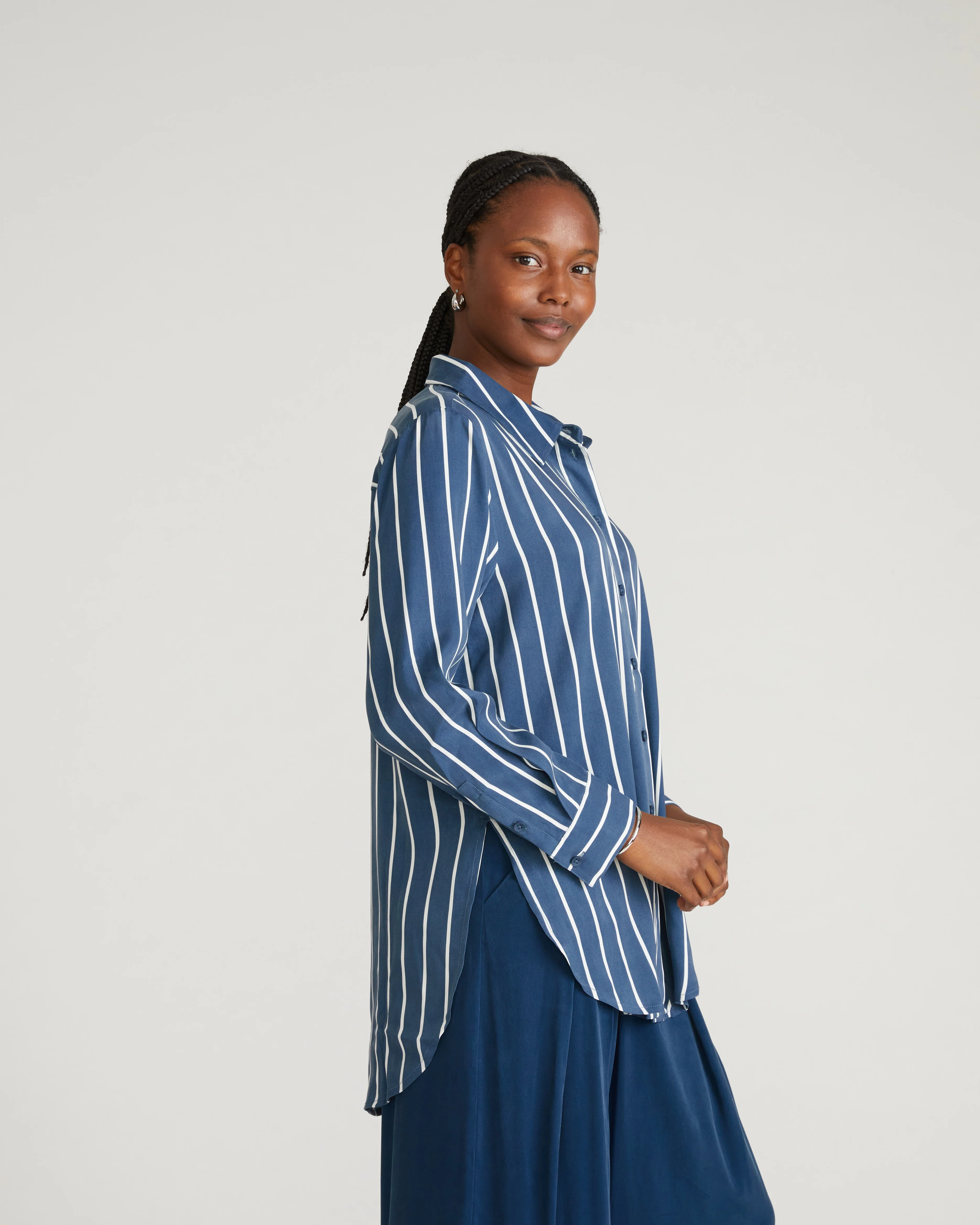 Cooling Stretch Cupro Artist Shirt - Ensign Blue/White Stripe - Image 2