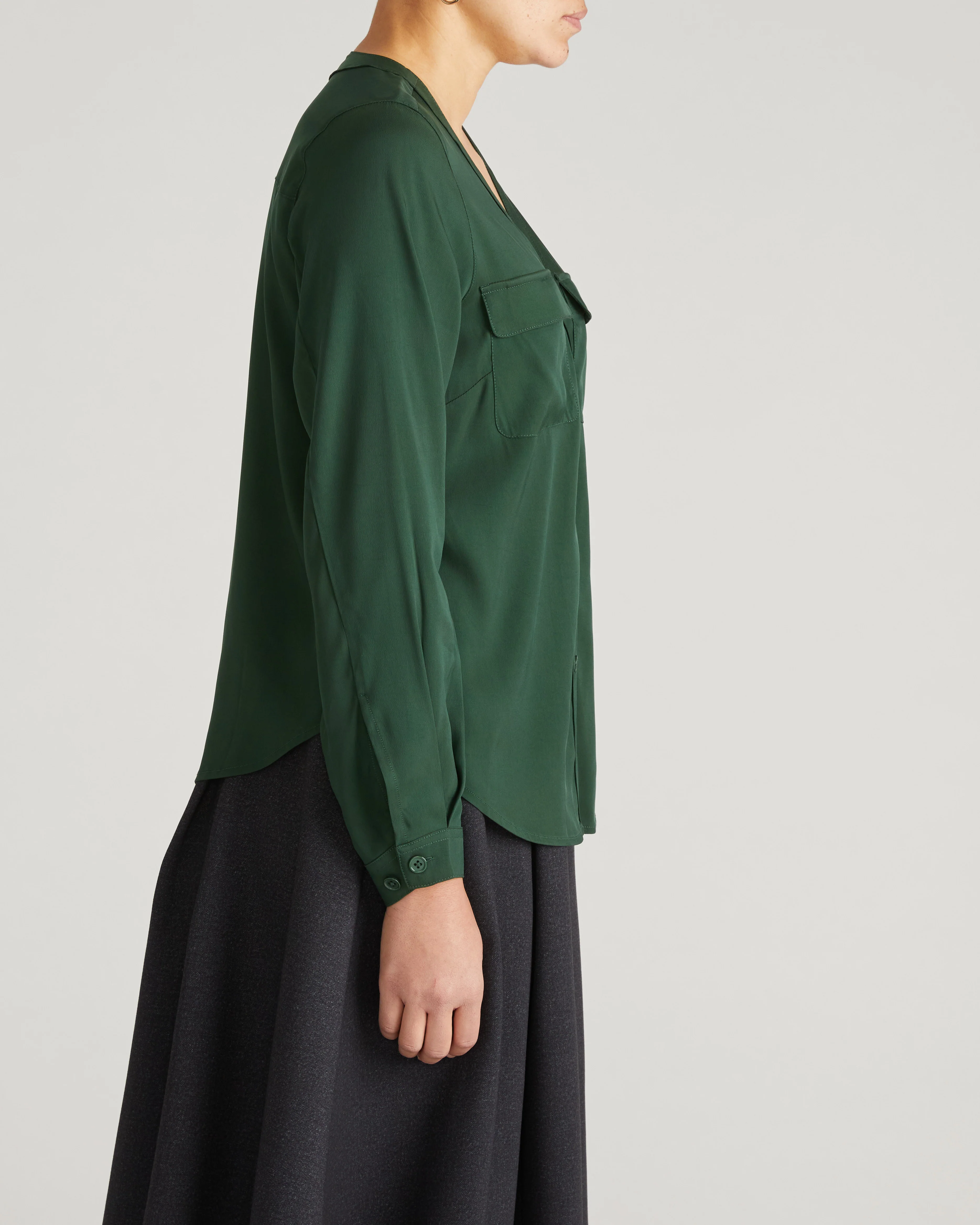 Cooling Stretch Cupro Button-Down Blouse - Forest Green - Image 4