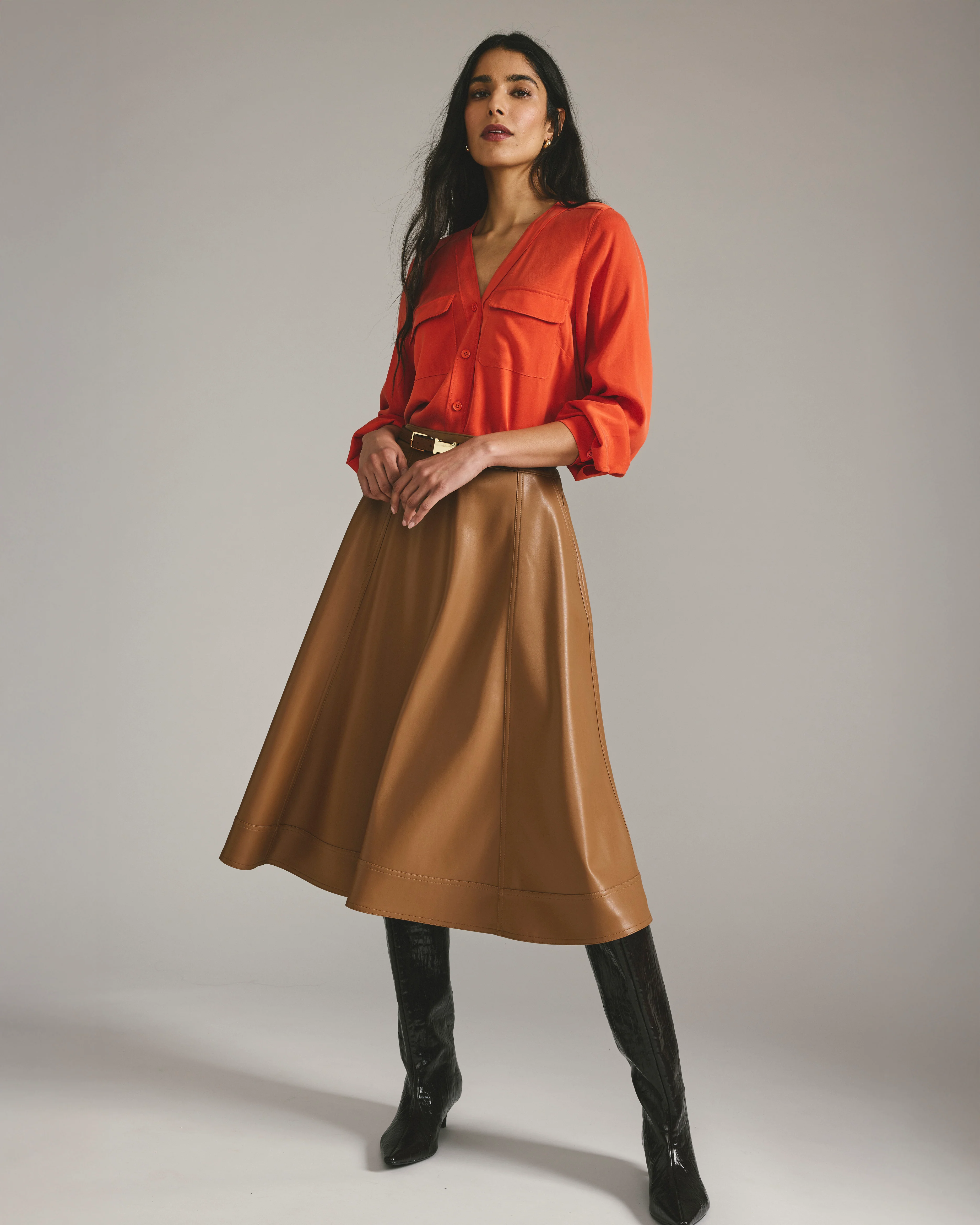 Cooling Stretch Cupro Button-Down Blouse - Orange Flame - Image 2