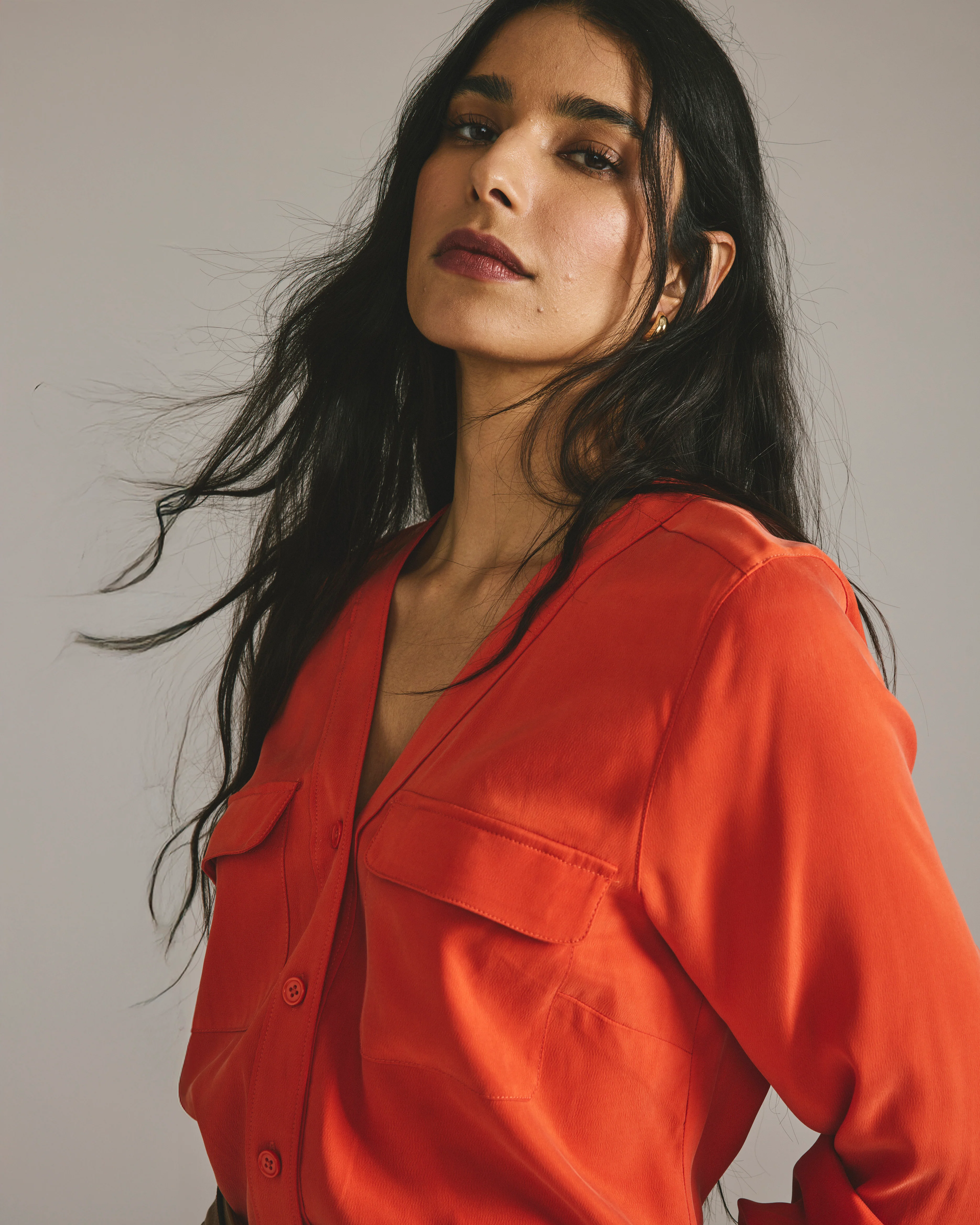 Cooling Stretch Cupro Button-Down Blouse - Orange Flame - Image 3