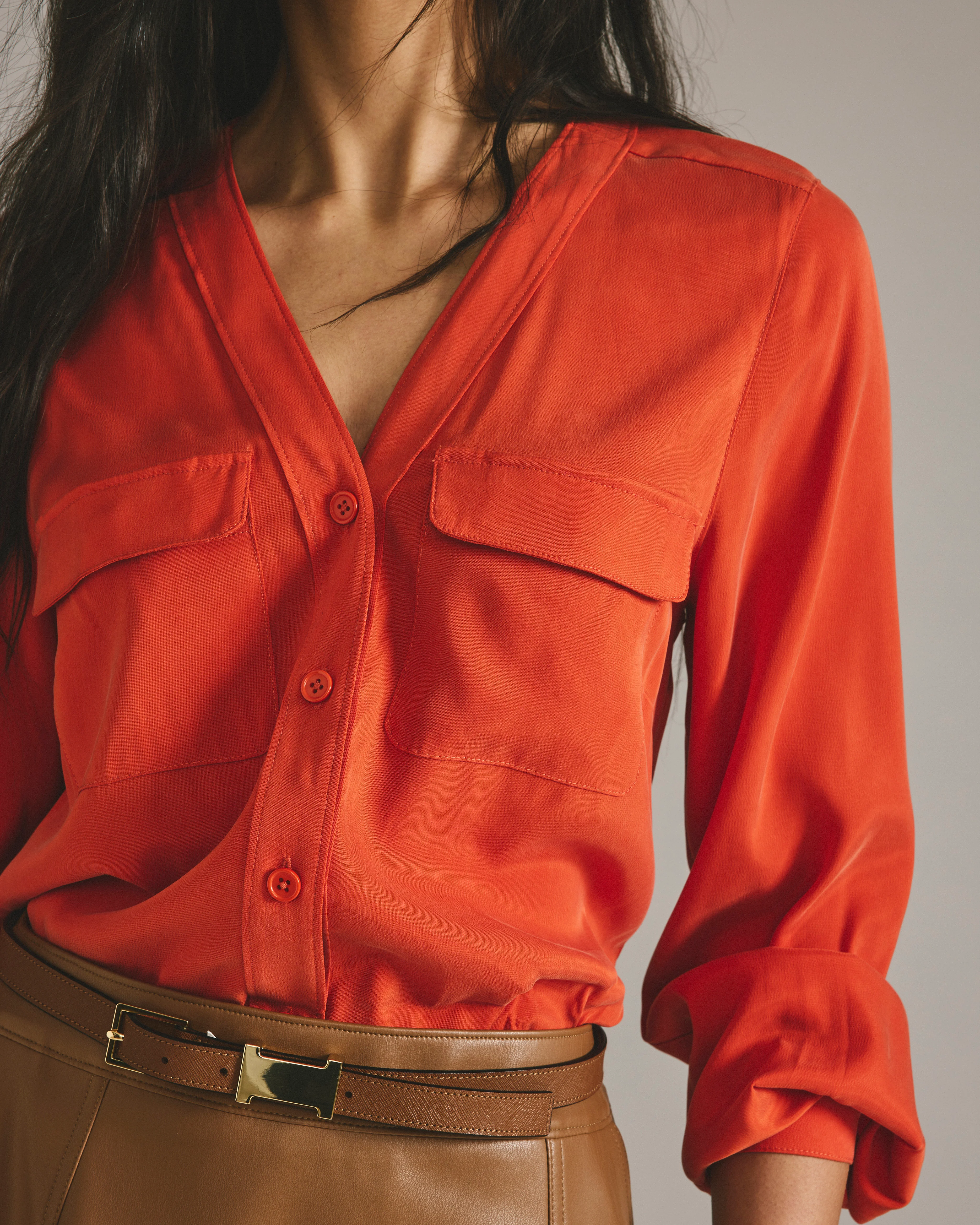 Cooling Stretch Cupro Button-Down Blouse - Orange Flame - Image 4