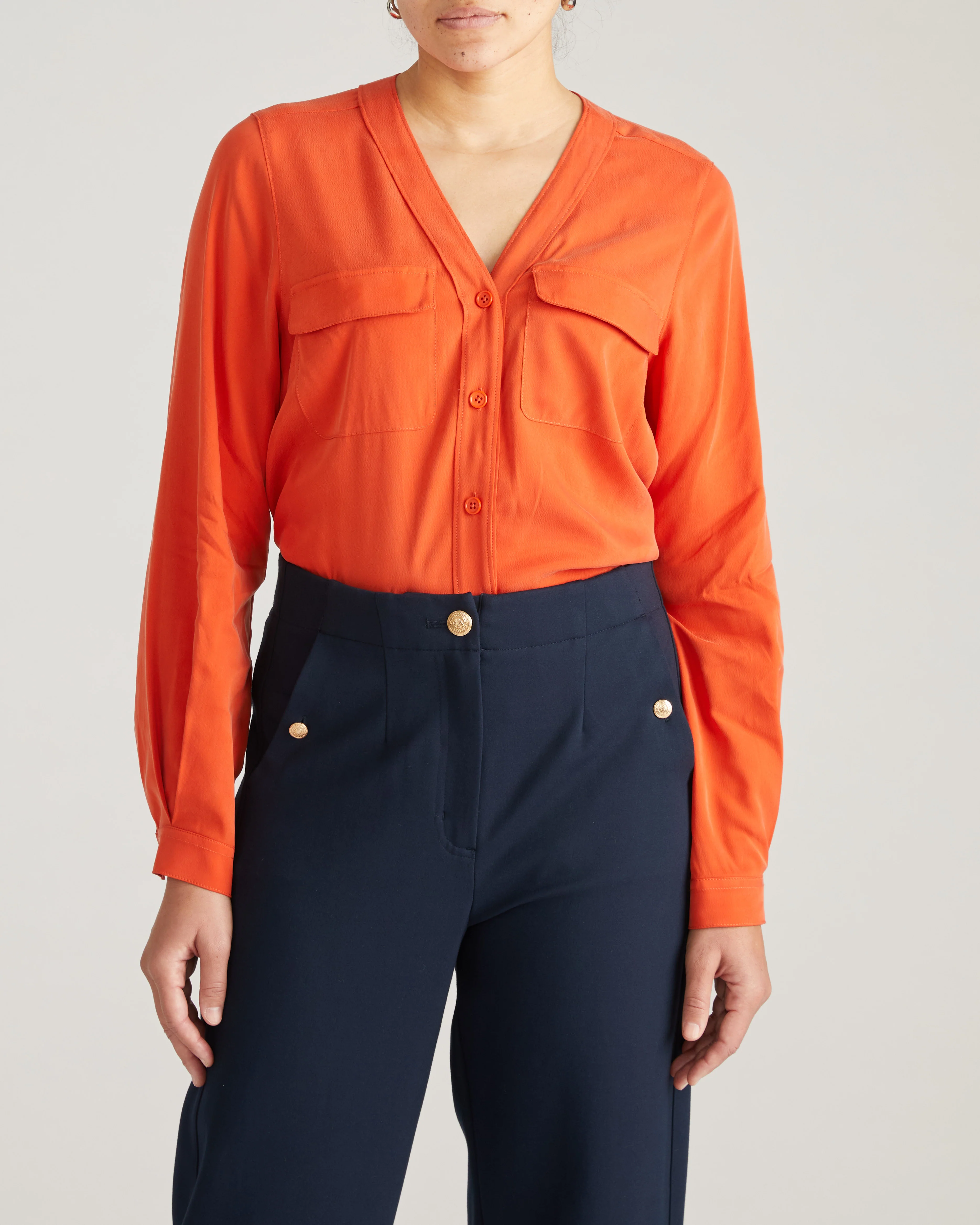 Cooling Stretch Cupro Button-Down Blouse - Orange Flame - Image 5